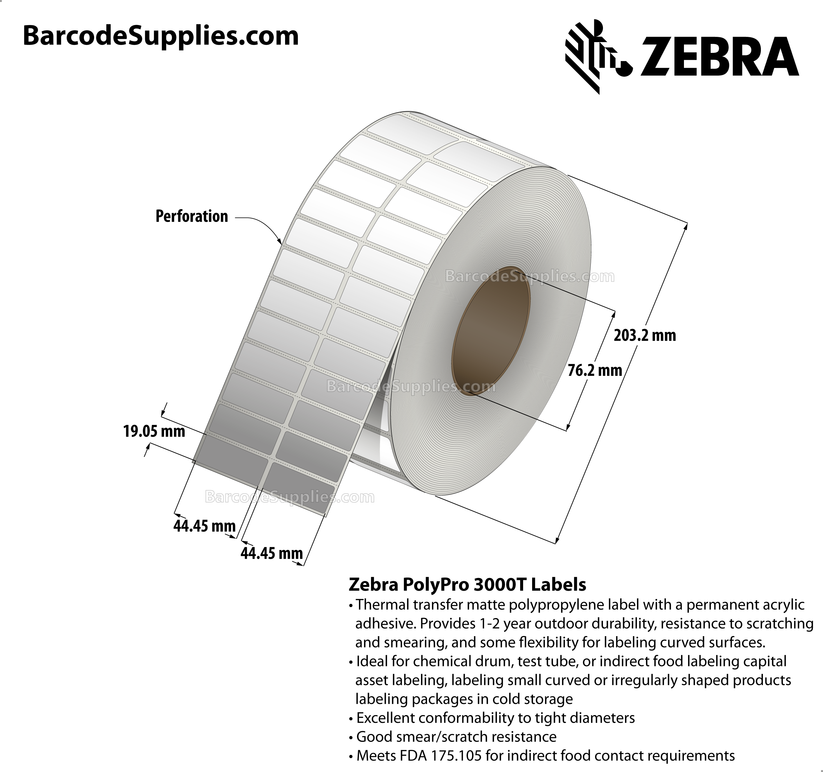1.75 x 0.75 Thermal Transfer White PolyPro 3000T (2-Across) Labels With Permanent Adhesive - Perforated - 11888 Labels Per Roll - Carton Of 4 Rolls - 47552 Labels Total - MPN: 10011988