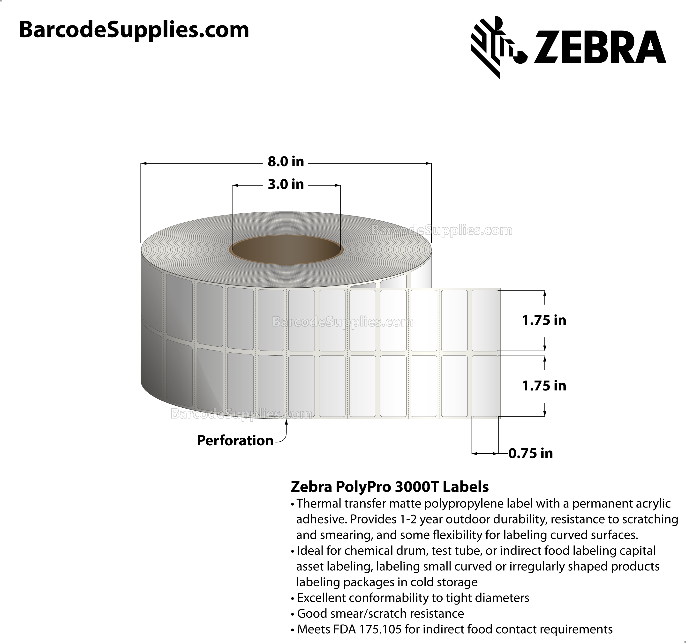 1.75 x 0.75 Thermal Transfer White PolyPro 3000T (2-Across) Labels With Permanent Adhesive - Perforated - 11888 Labels Per Roll - Carton Of 4 Rolls - 47552 Labels Total - MPN: 10011988