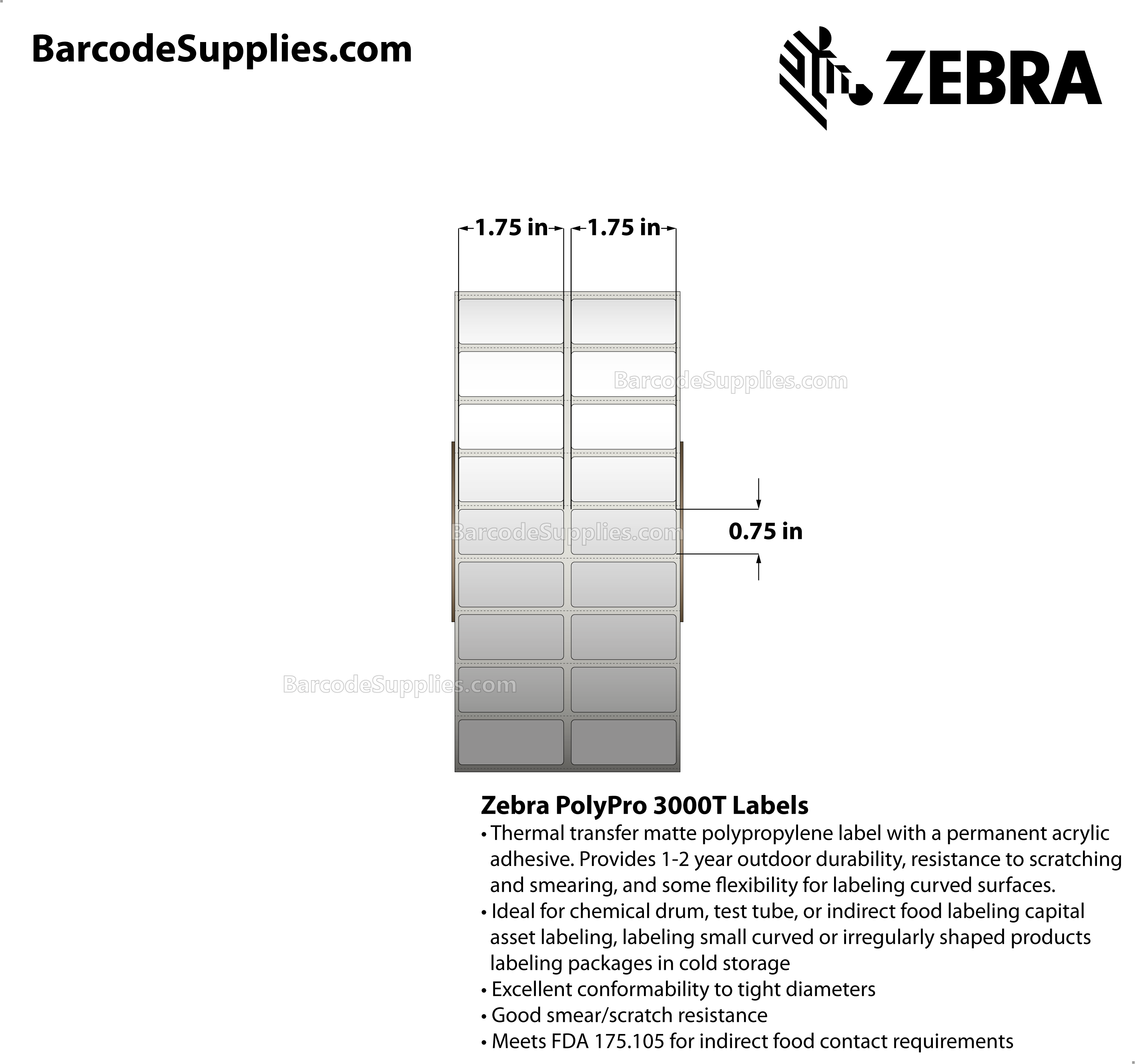 1.75 x 0.75 Thermal Transfer White PolyPro 3000T (2-Across) Labels With Permanent Adhesive - Perforated - 11888 Labels Per Roll - Carton Of 4 Rolls - 47552 Labels Total - MPN: 10011988