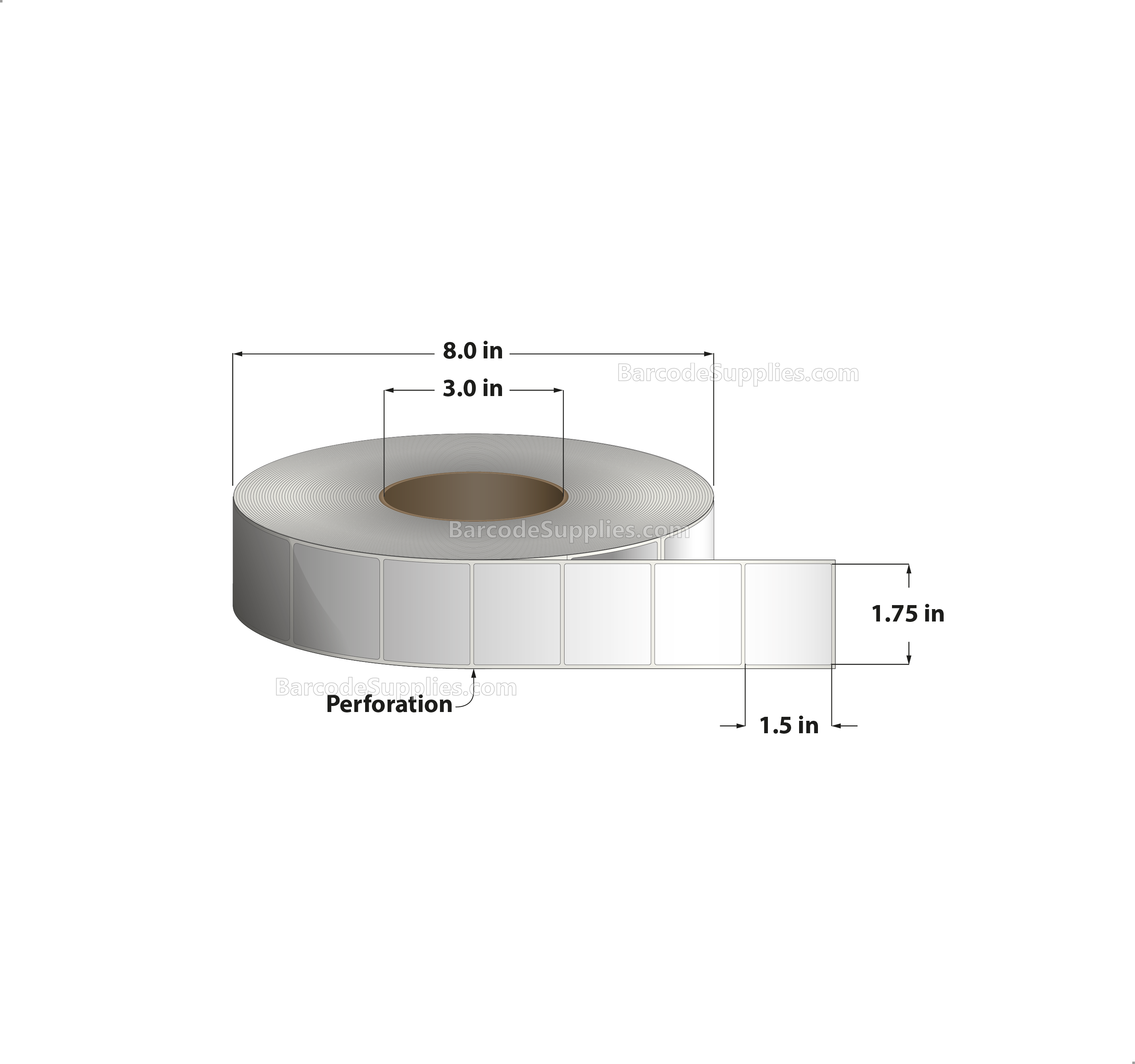 1.75 x 1.5 Thermal Transfer White Labels With Rubber Adhesive - No Perforation - 4000 Labels Per Roll - Carton Of 8 Rolls - 32000 Labels Total - MPN: CTT175150-3