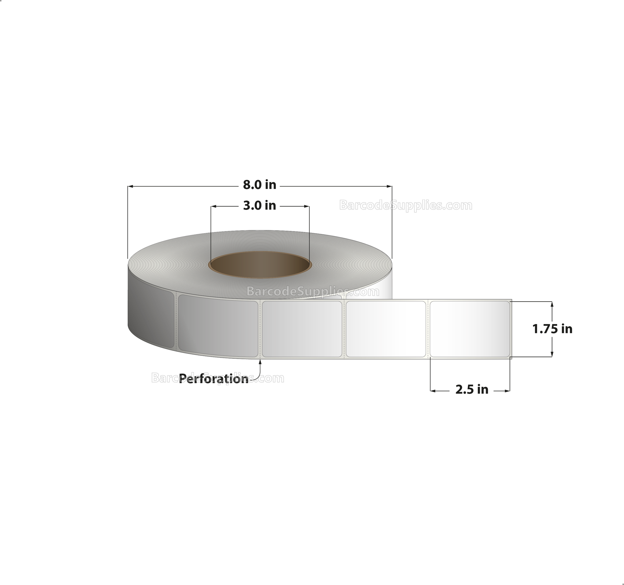 1.75 x 2.5 Thermal Transfer White Labels With Permanent Adhesive - Perforated - 2500 Labels Per Roll - Carton Of 8 Rolls - 20000 Labels Total - MPN: RT-175-25-2500-3