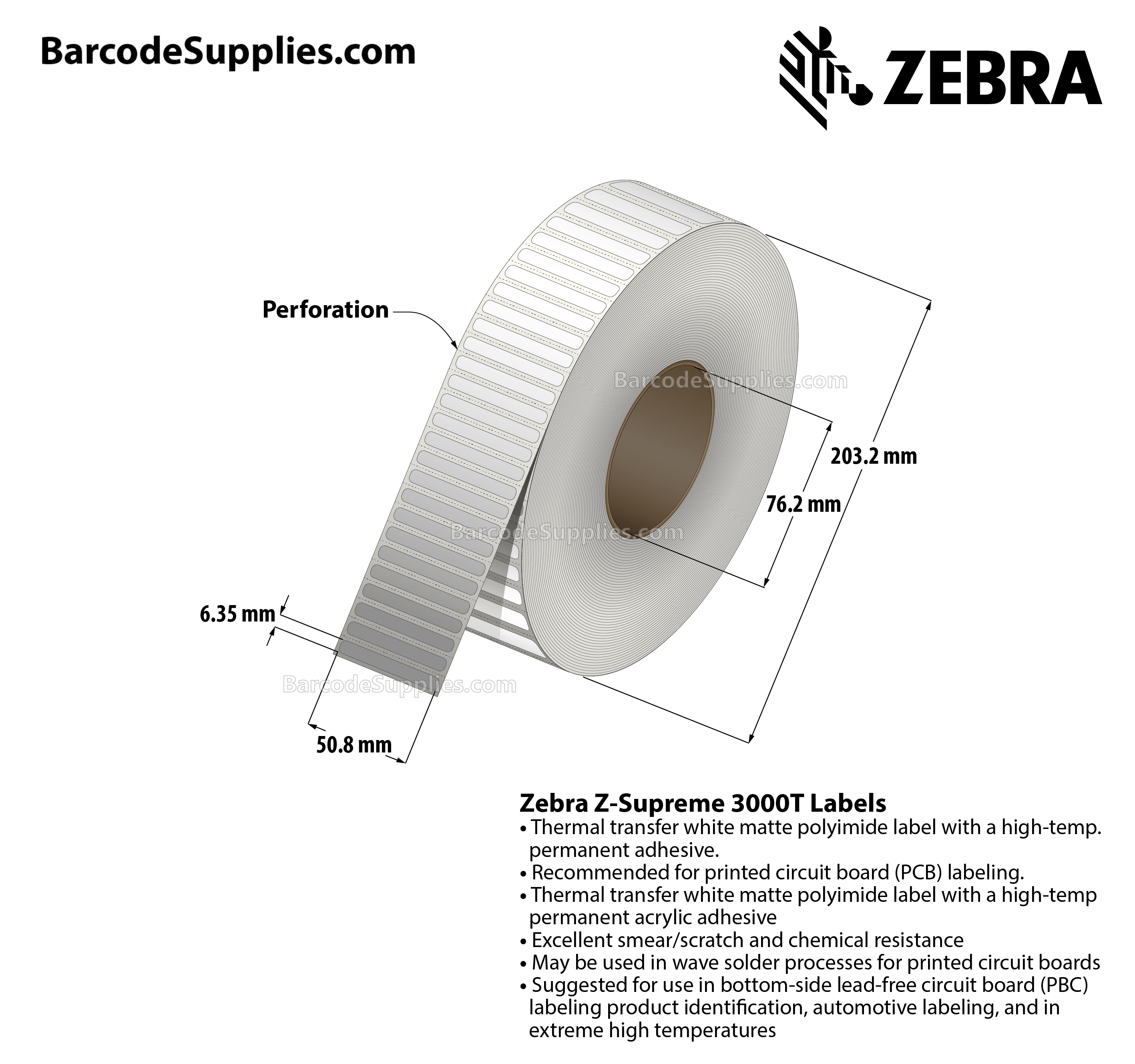 2 x 0.25 Thermal Transfer White Z-Supreme 3000T Labels With High-temp Adhesive - Perforated - 2500 Labels Per Roll - Carton Of 1 Rolls - 2500 Labels Total - MPN: 10023308