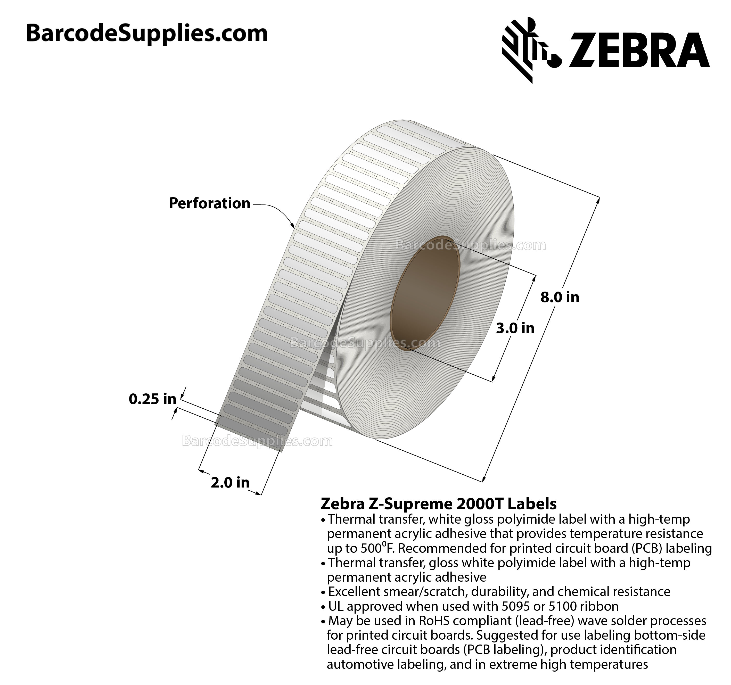 2 x 0.25 Thermal Transfer White Z-Supreme 2000T Labels With High-temp Adhesive - Perforated - 10000 Labels Per Roll - Carton Of 1 Rolls - 10000 Labels Total - MPN: 10021219