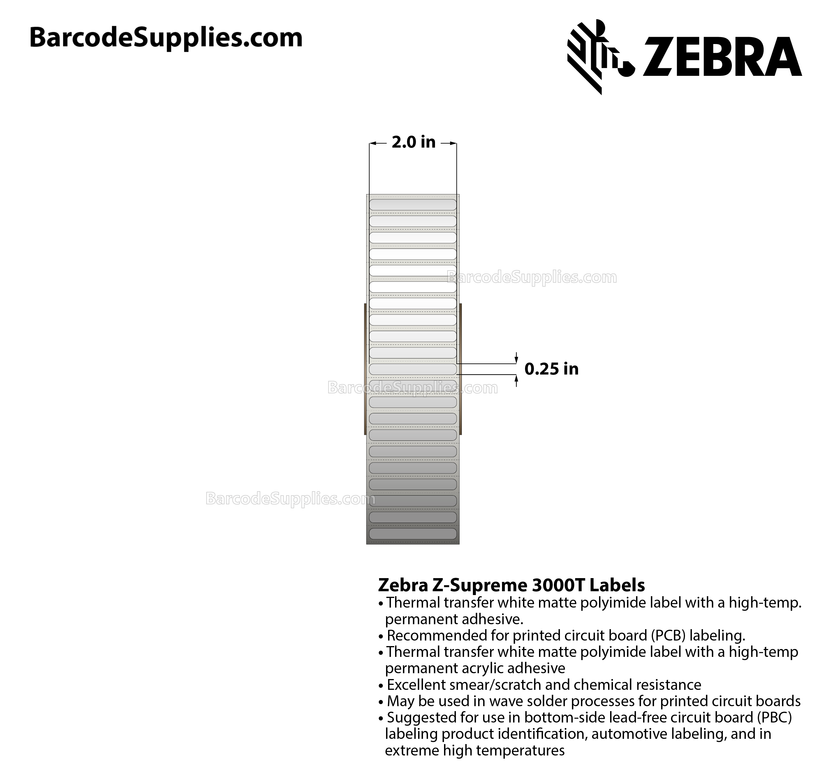 2 x 0.25 Thermal Transfer White Z-Supreme 3000T Labels With High-temp Adhesive - Perforated - 2500 Labels Per Roll - Carton Of 1 Rolls - 2500 Labels Total - MPN: 10023308