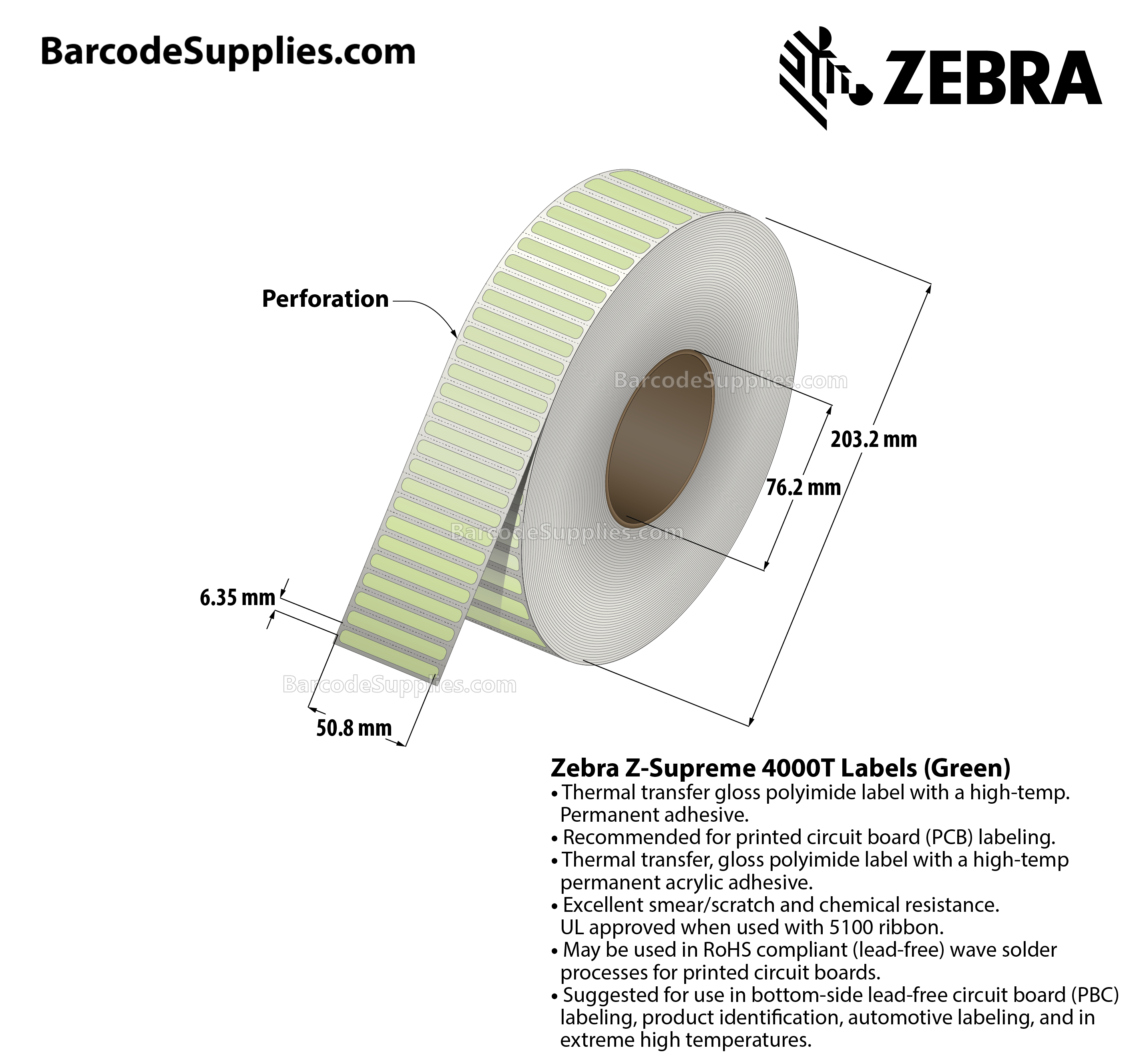 2 x 0.25 Thermal Transfer Green Z-Supreme 4000T Green Labels With High-temp Adhesive - Perforated - 10000 Labels Per Roll - Carton Of 1 Rolls - 10000 Labels Total - MPN: 10023322
