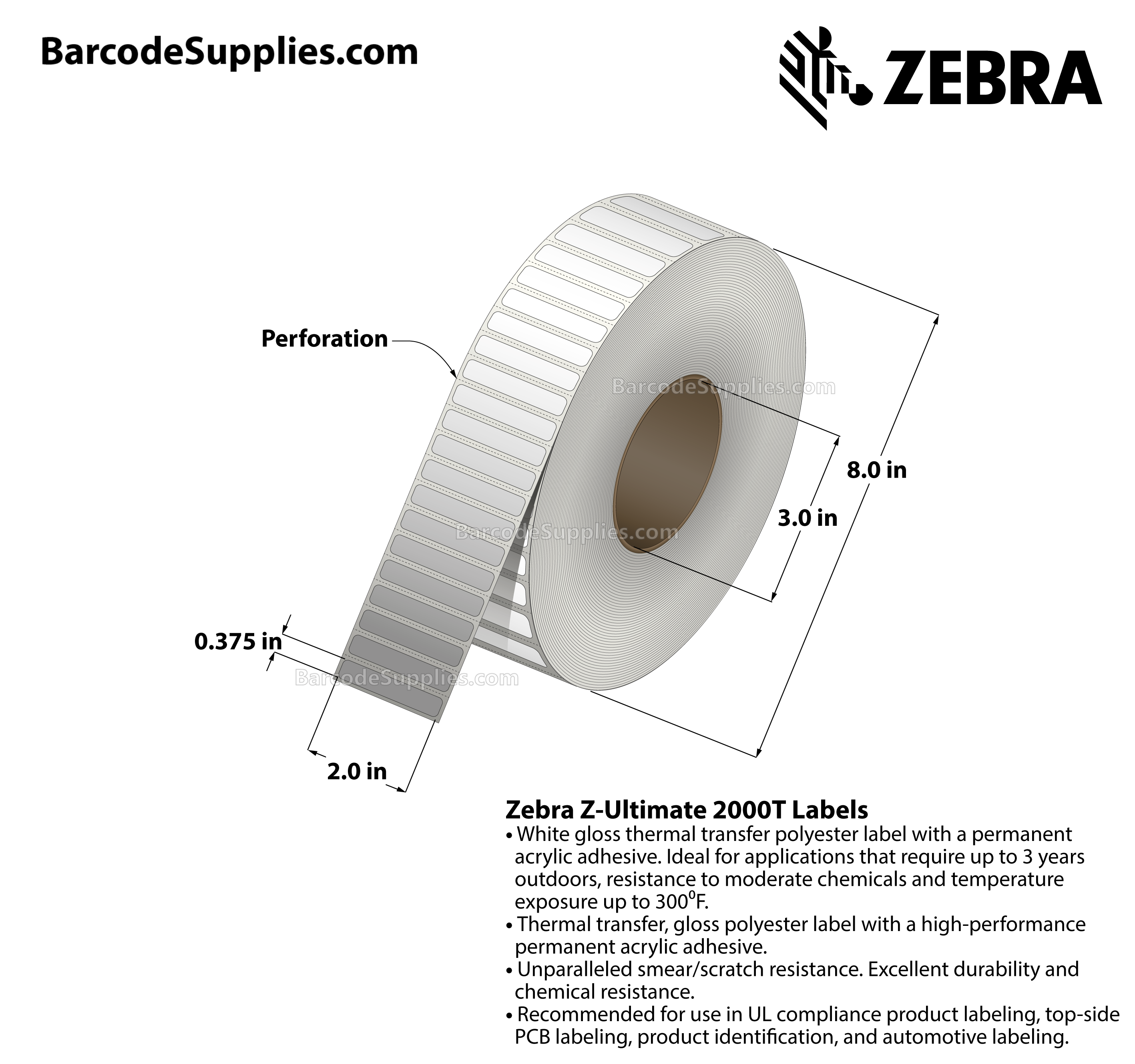 2 x 0.375 Thermal Transfer White Z-Ultimate 2000T Labels With Permanent Adhesive - Perforated - 10000 Labels Per Roll - Carton Of 1 Rolls - 10000 Labels Total - MPN: 10022959