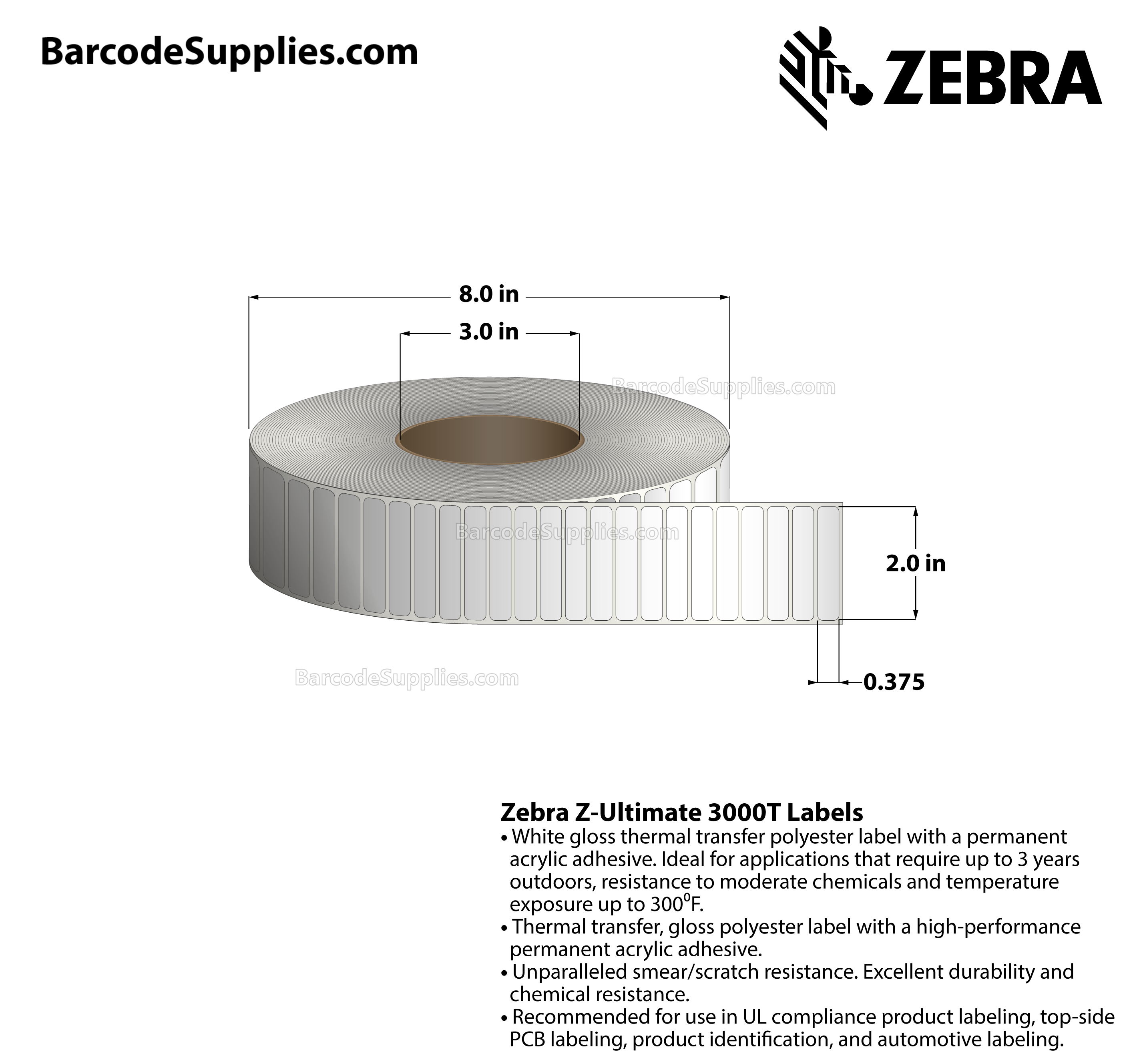 2 x 0.375 Thermal Transfer White Z-Ultimate 3000T Labels With Permanent Adhesive - Not Perforated - 10000 Labels Per Roll - Carton Of 4 Rolls - 40000 Labels Total - MPN: 10011695