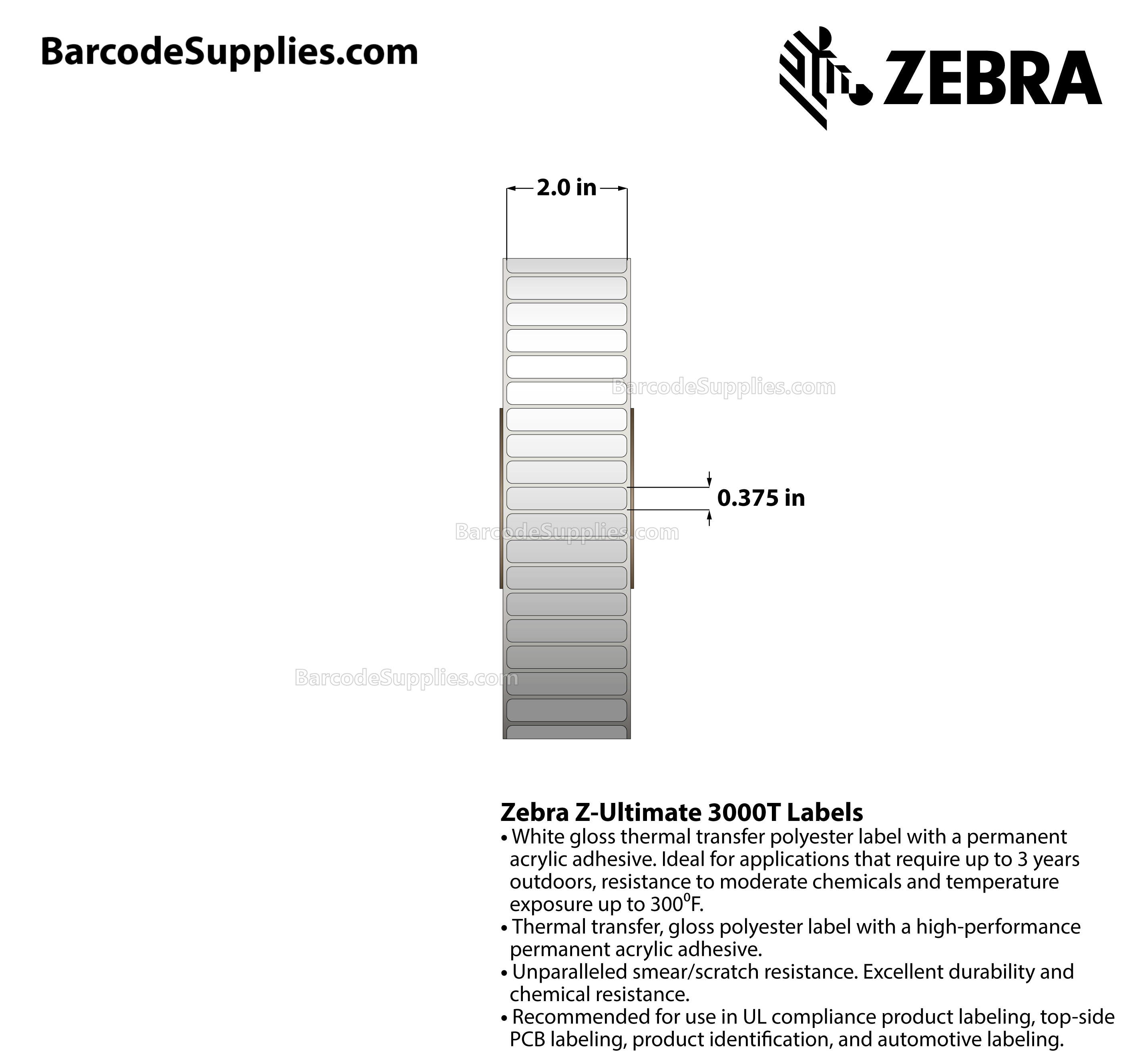 2 x 0.375 Thermal Transfer White Z-Ultimate 3000T Labels With Permanent Adhesive - Not Perforated - 10000 Labels Per Roll - Carton Of 4 Rolls - 40000 Labels Total - MPN: 10011695