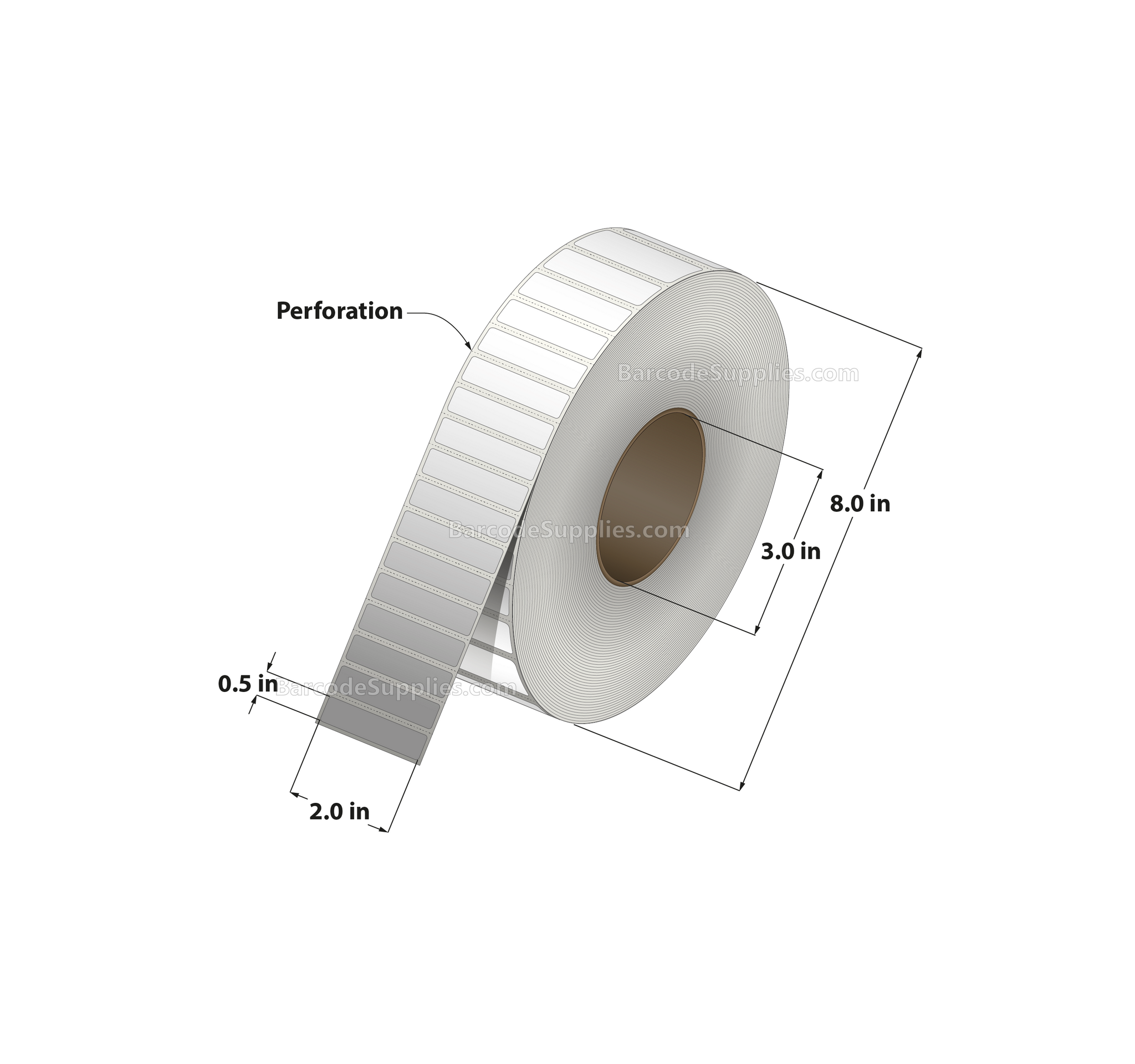 2 x 0.5 Thermal Transfer White Labels With Permanent Adhesive - Perforated - 9600 Labels Per Roll - Carton Of 8 Rolls - 76800 Labels Total - MPN: RT-2-05-9600-3