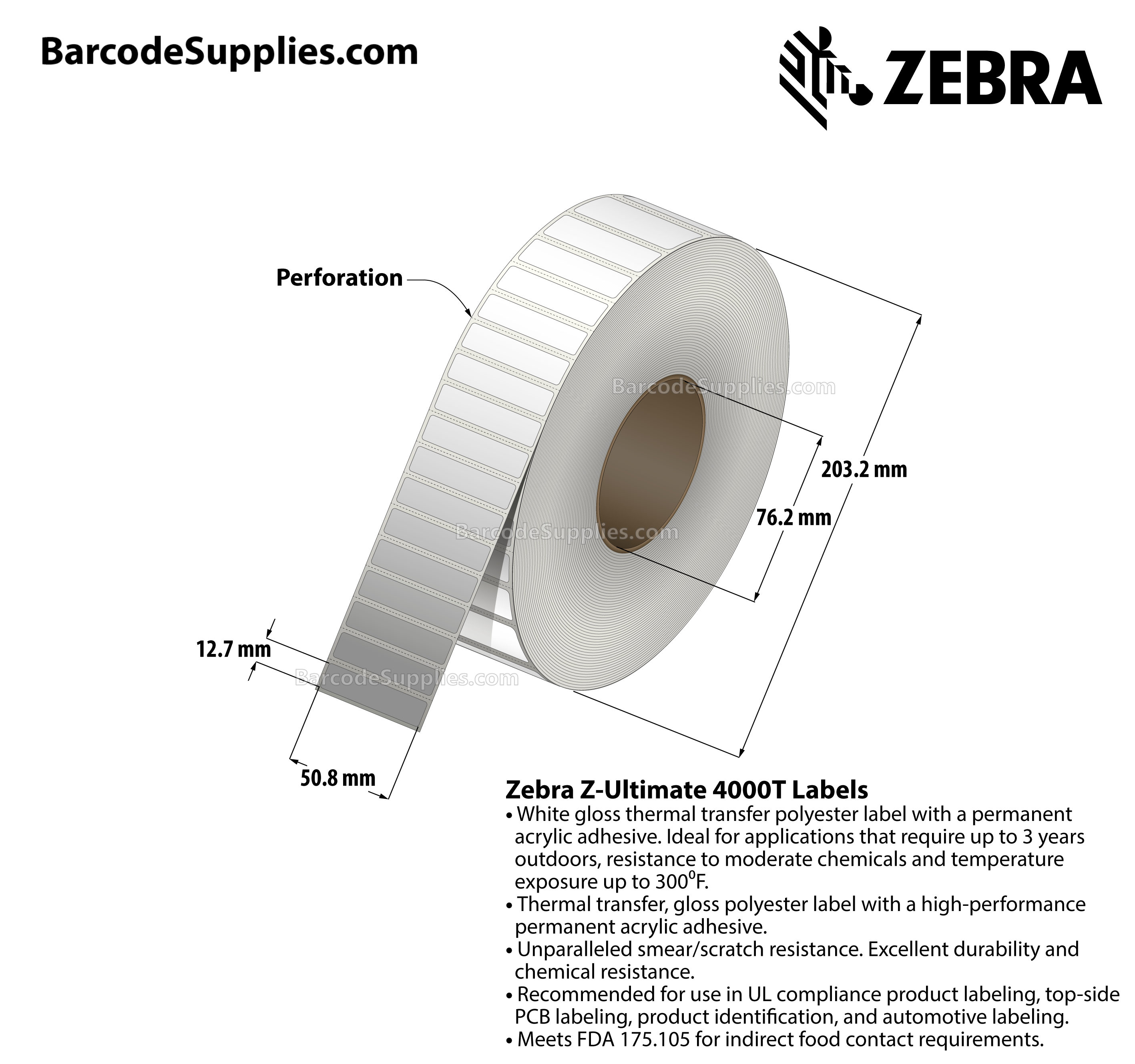 2 x 0.5 Thermal Transfer White Z-Ultimate 4000T Labels With Permanent Adhesive - Perforated - 10000 Labels Per Roll - Carton Of 4 Rolls - 40000 Labels Total - MPN: 10011707