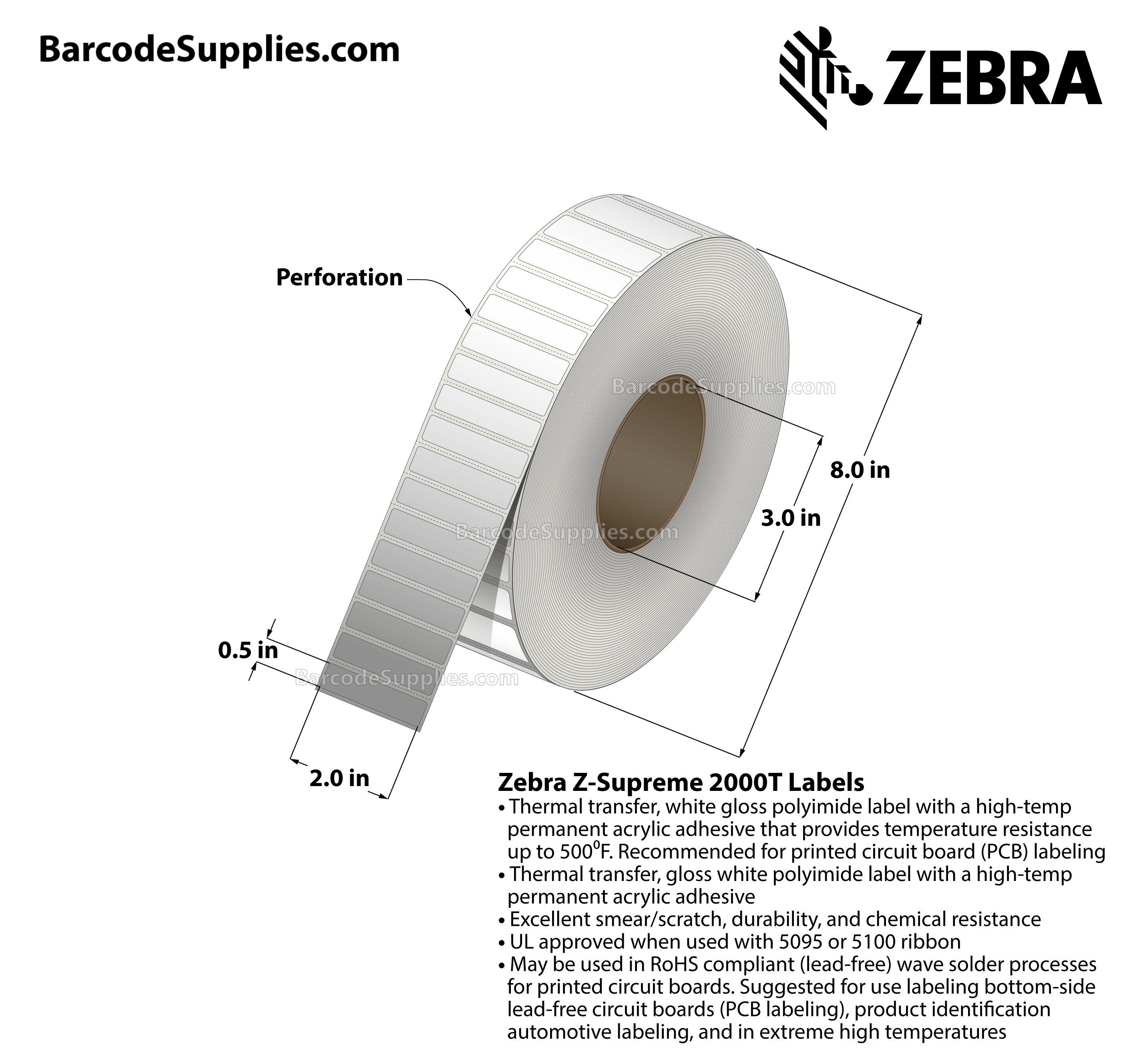 2 x 0.5 Thermal Transfer White Z-Perform 2000T Labels With Permanent Adhesive - Perforated - 3000 Labels Per Roll - Carton Of 4 Rolls - 12000 Labels Total - MPN: 10022942