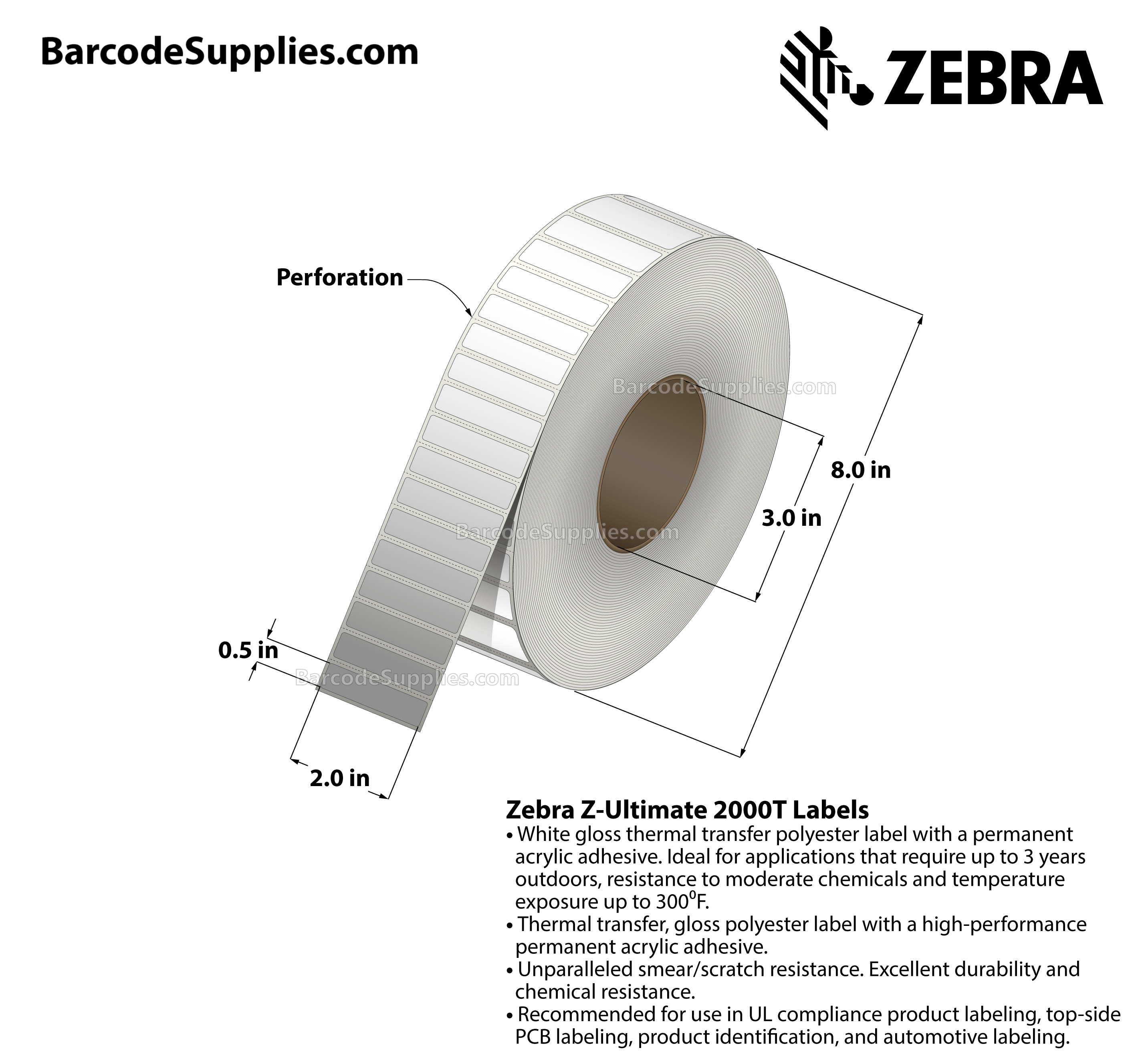 2 x 0.5 Thermal Transfer White Z-Ultimate 2000T Labels With Permanent Adhesive - Perforated - 9874 Labels Per Roll - Carton Of 4 Rolls - 39496 Labels Total - MPN: 10011985