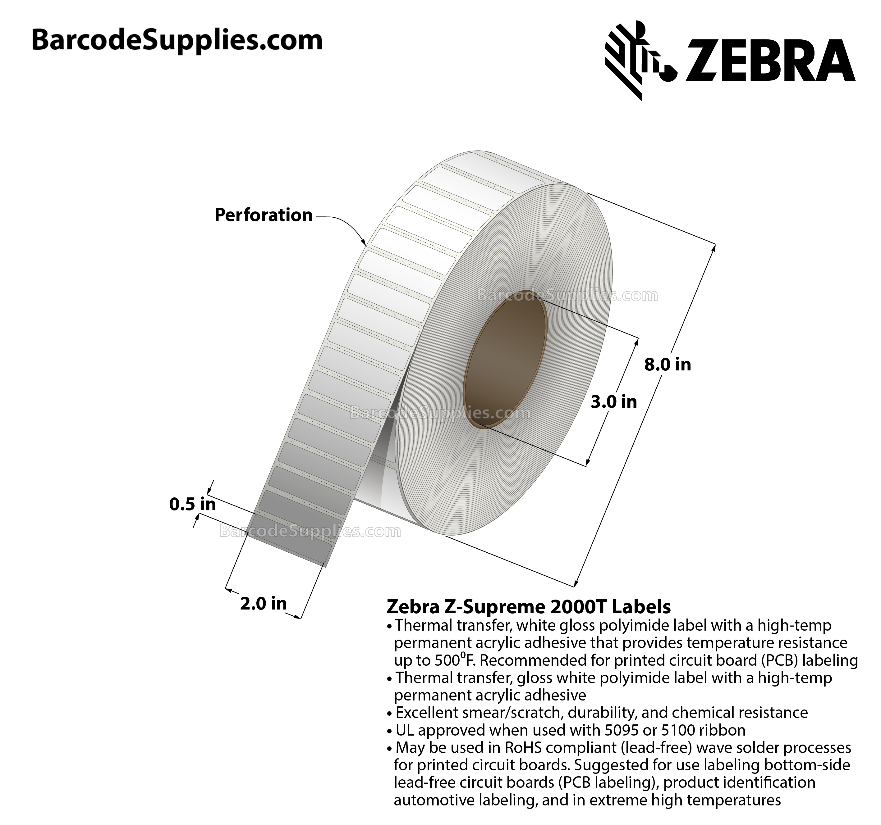 2 x 0.5 Thermal Transfer White Z-Supreme 2000T Labels With High-temp Adhesive - Perforated - 8500 Labels Per Roll - Carton Of 1 Rolls - 8500 Labels Total - MPN: 10023214