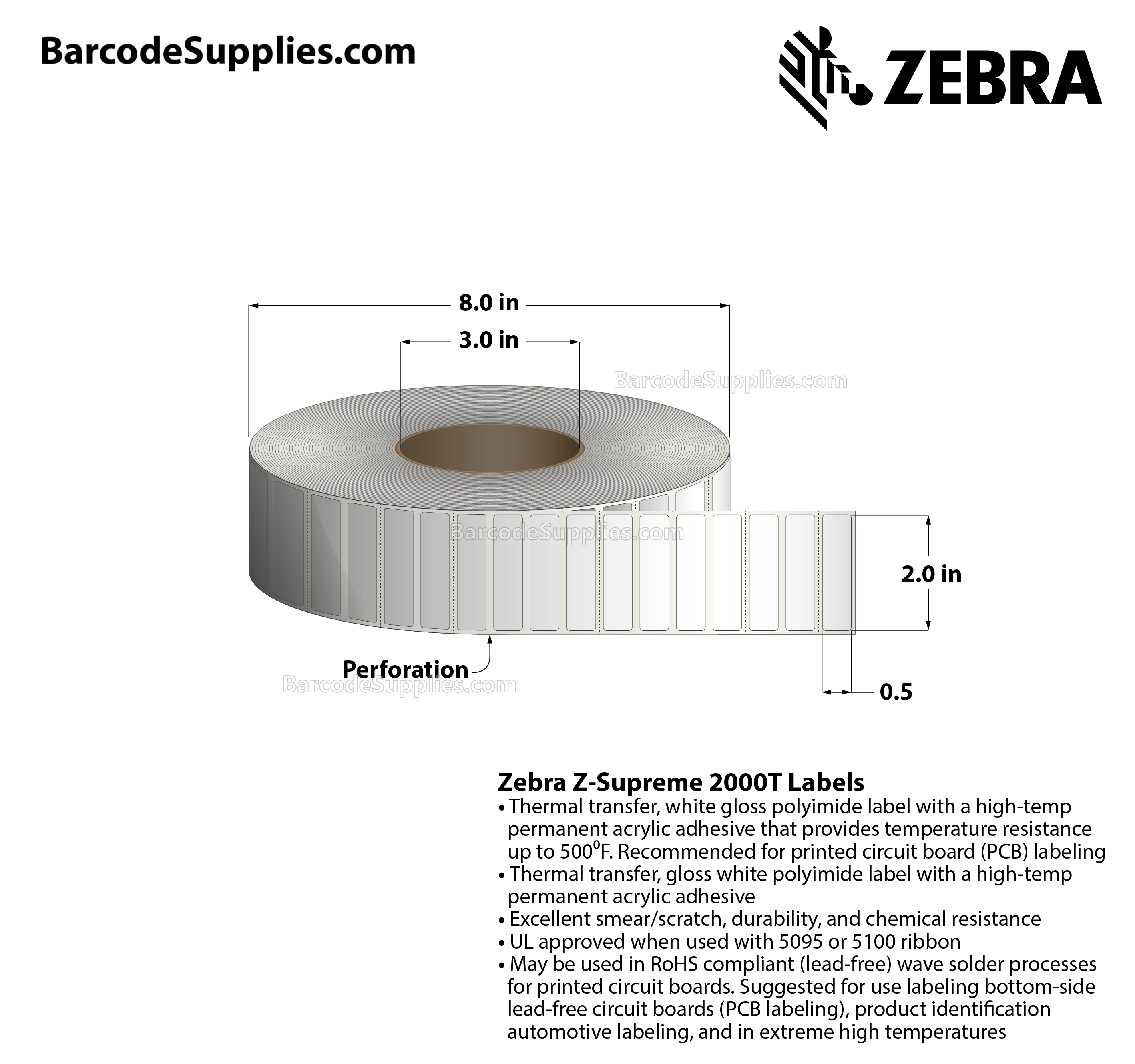 2 x 0.5 Thermal Transfer White Z-Supreme 2000T Labels With High-temp Adhesive - Perforated - 8500 Labels Per Roll - Carton Of 1 Rolls - 8500 Labels Total - MPN: 10023214