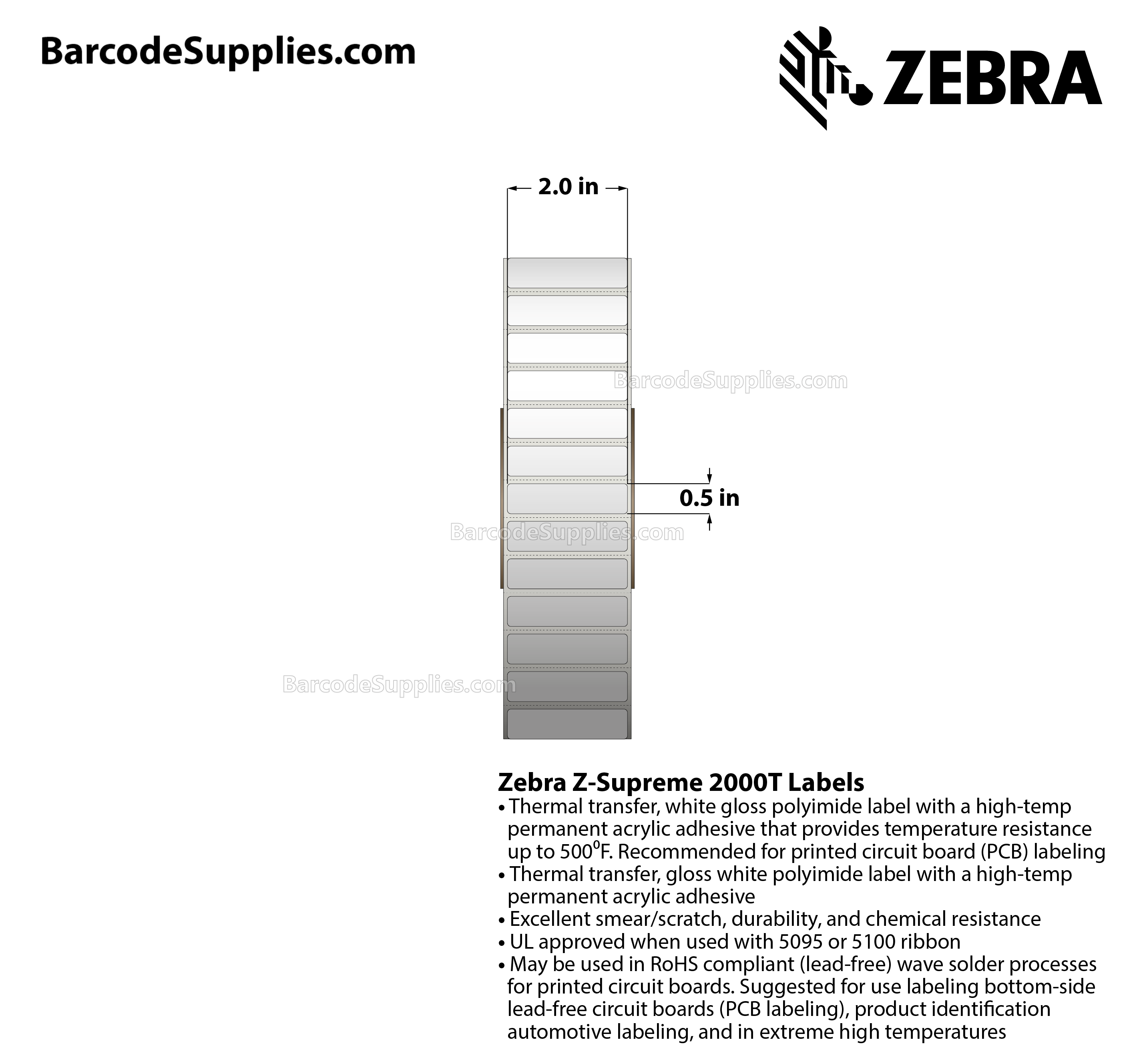 2 x 0.5 Thermal Transfer White Z-Supreme 2000T Labels With High-temp Adhesive - Perforated - 8500 Labels Per Roll - Carton Of 1 Rolls - 8500 Labels Total - MPN: 10023214