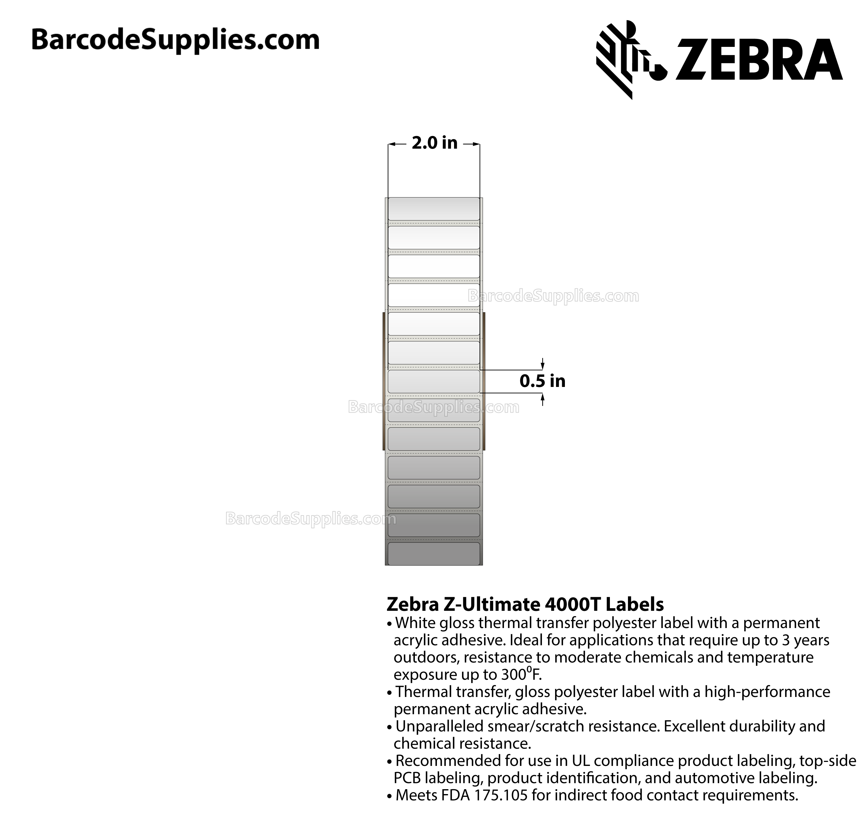 2 x 0.5 Thermal Transfer White Z-Ultimate 4000T Labels With Permanent Adhesive - Perforated - 10000 Labels Per Roll - Carton Of 4 Rolls - 40000 Labels Total - MPN: 10011707