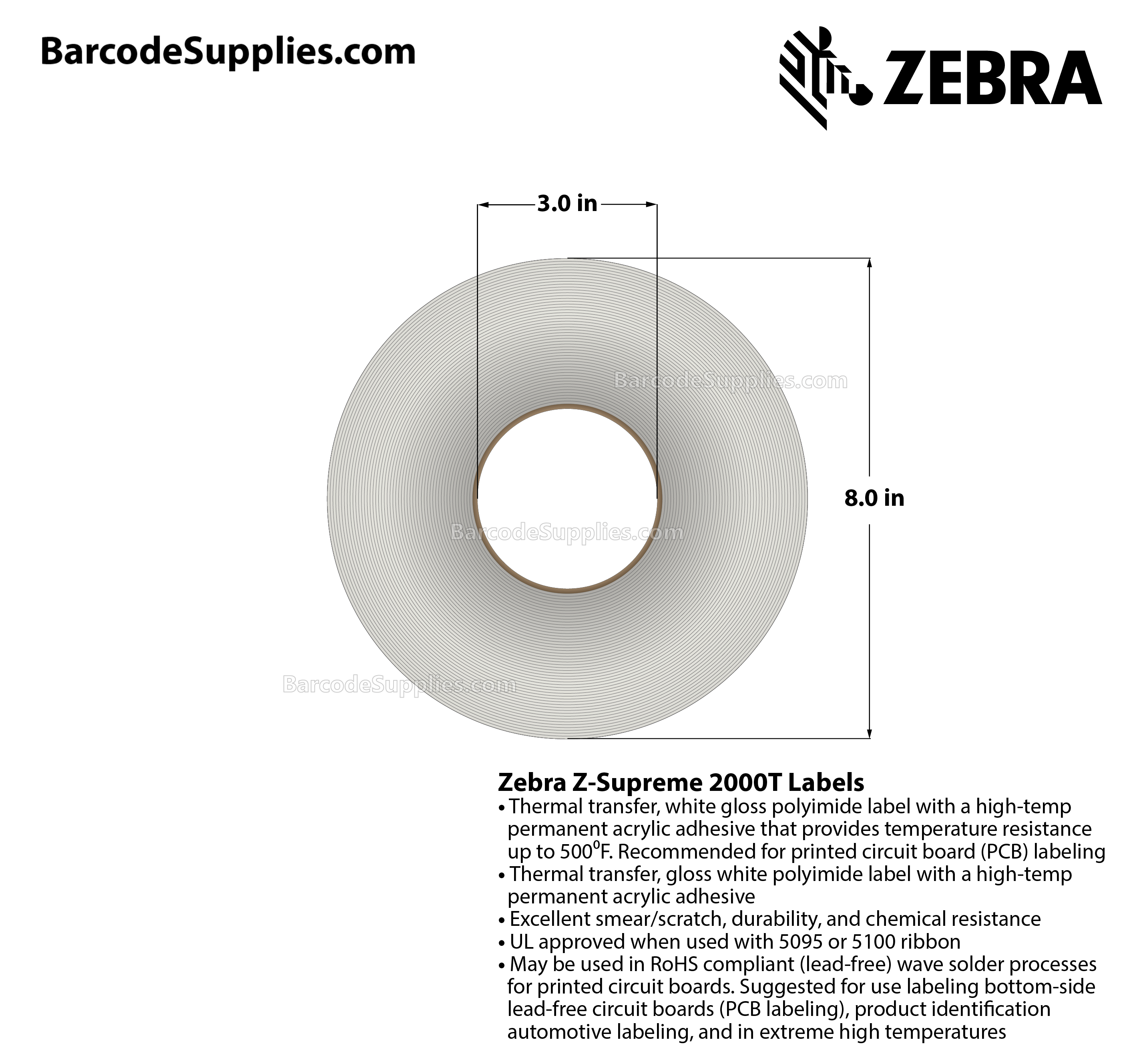 2 x 0.5 Thermal Transfer White Z-Supreme 2000T Labels With High-temp Adhesive - Perforated - 8500 Labels Per Roll - Carton Of 1 Rolls - 8500 Labels Total - MPN: 10023214