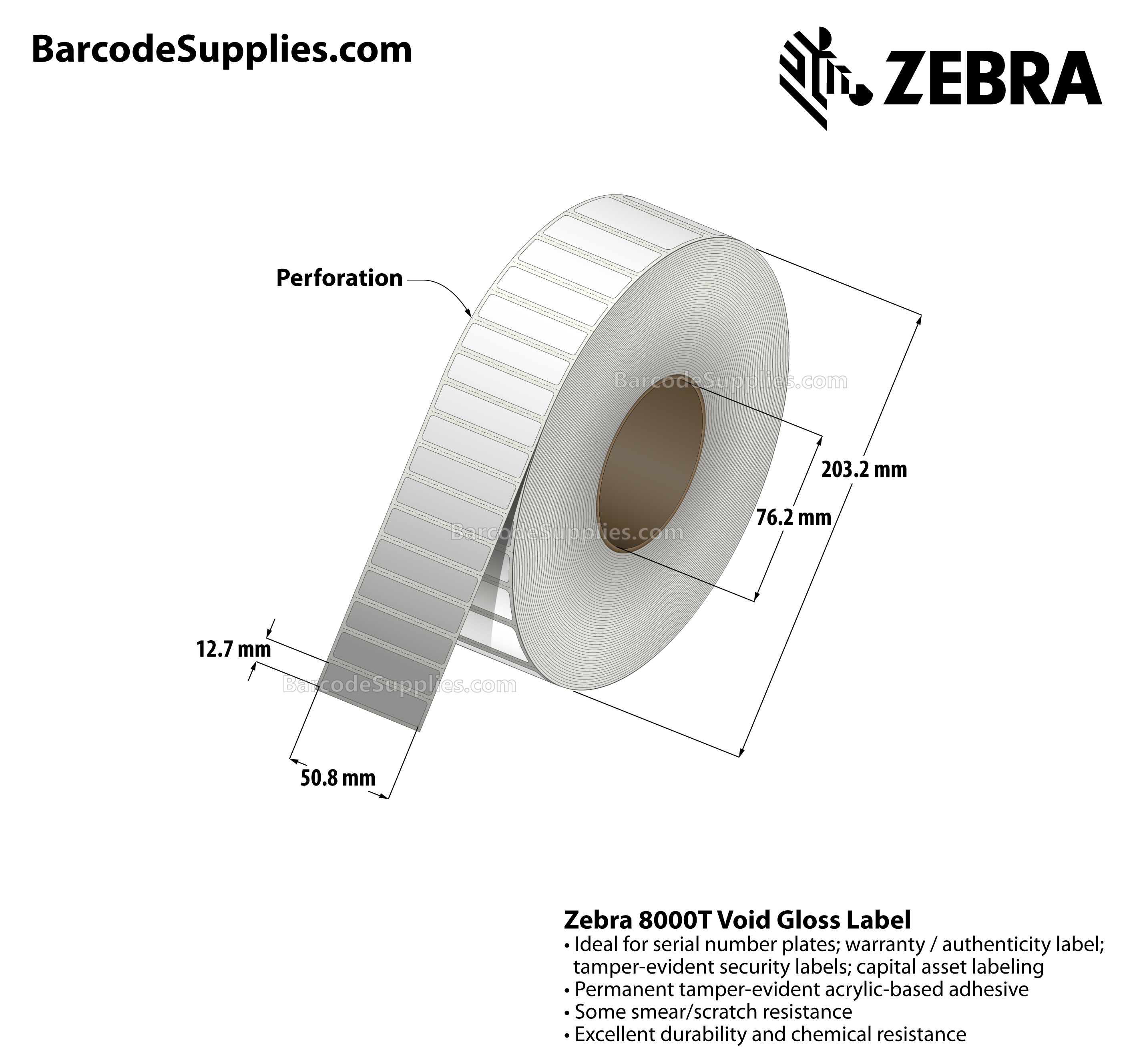 2 x 0.5 Thermal Transfer White 8000T Void Gloss Labels With Tamper-evident Adhesive - Perforated - 3000 Labels Per Roll - Carton Of 1 Rolls - 3000 Labels Total - MPN: 10023258