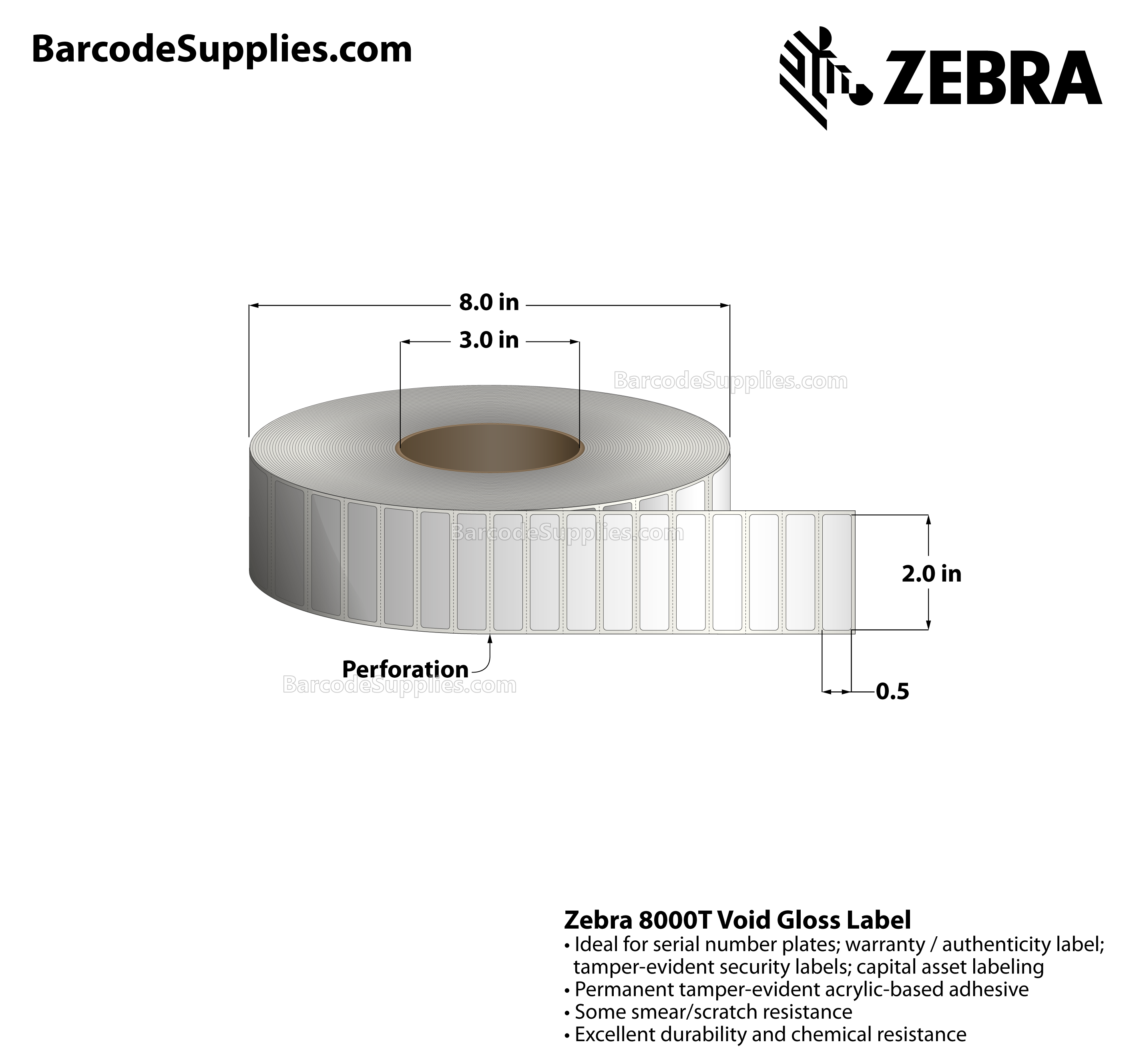 2 x 0.5 Thermal Transfer White 8000T Void Gloss Labels With Tamper-evident Adhesive - Perforated - 3000 Labels Per Roll - Carton Of 1 Rolls - 3000 Labels Total - MPN: 10023258