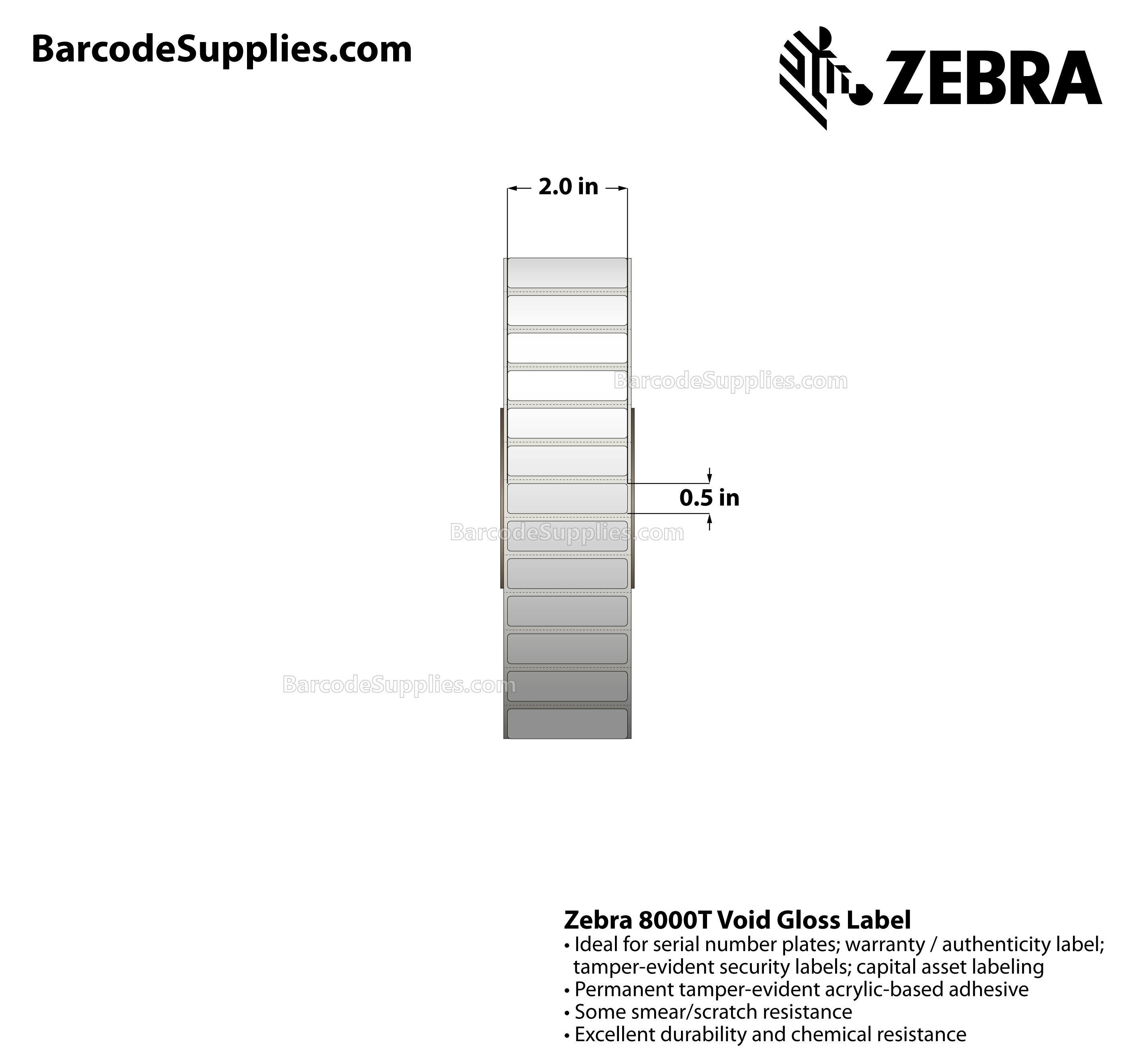 2 x 0.5 Thermal Transfer White 8000T Void Gloss Labels With Tamper-evident Adhesive - Perforated - 3000 Labels Per Roll - Carton Of 1 Rolls - 3000 Labels Total - MPN: 10023258