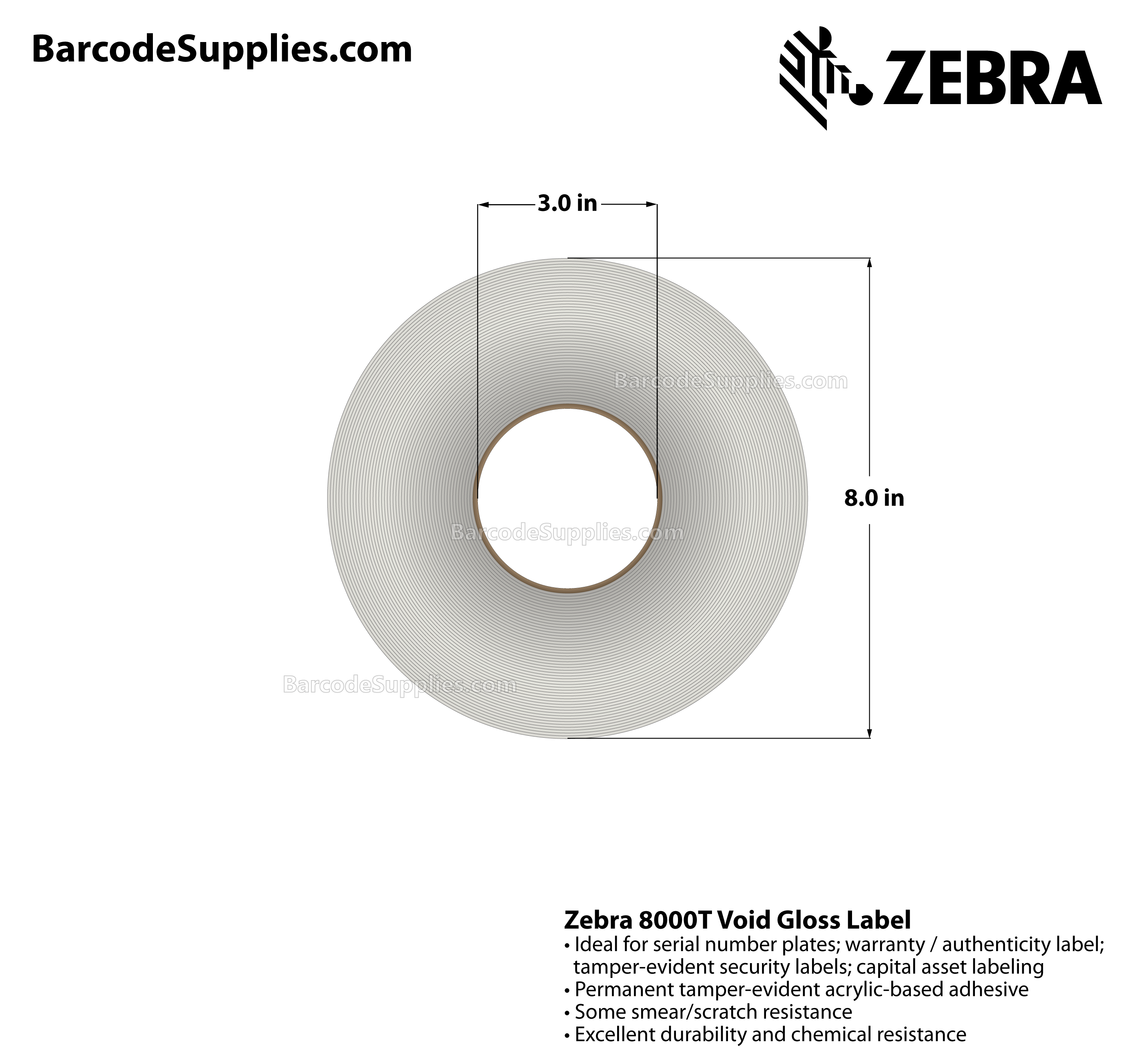 2 x 0.5 Thermal Transfer White 8000T Void Gloss Labels With Tamper-evident Adhesive - Perforated - 3000 Labels Per Roll - Carton Of 1 Rolls - 3000 Labels Total - MPN: 10023258