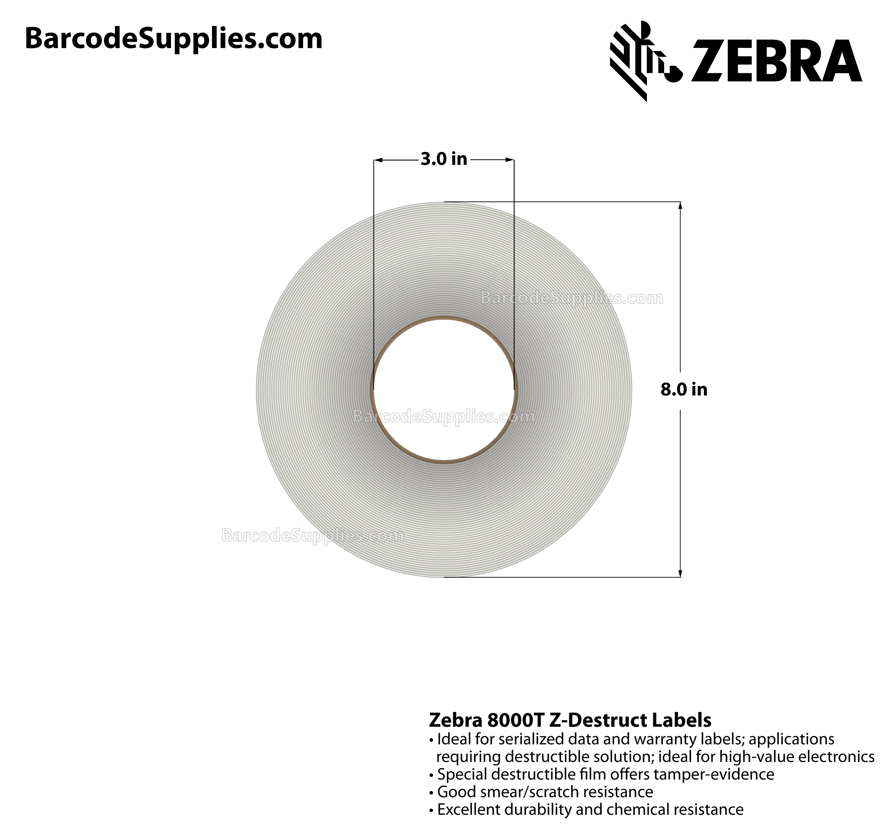 2 x 0.5 Thermal Transfer White 8000T Z-Destruct Labels With Tamper-evident Adhesive - Perforated - 2989 Labels Per Roll - Carton Of 1 Rolls - 2989 Labels Total - MPN: 10022926