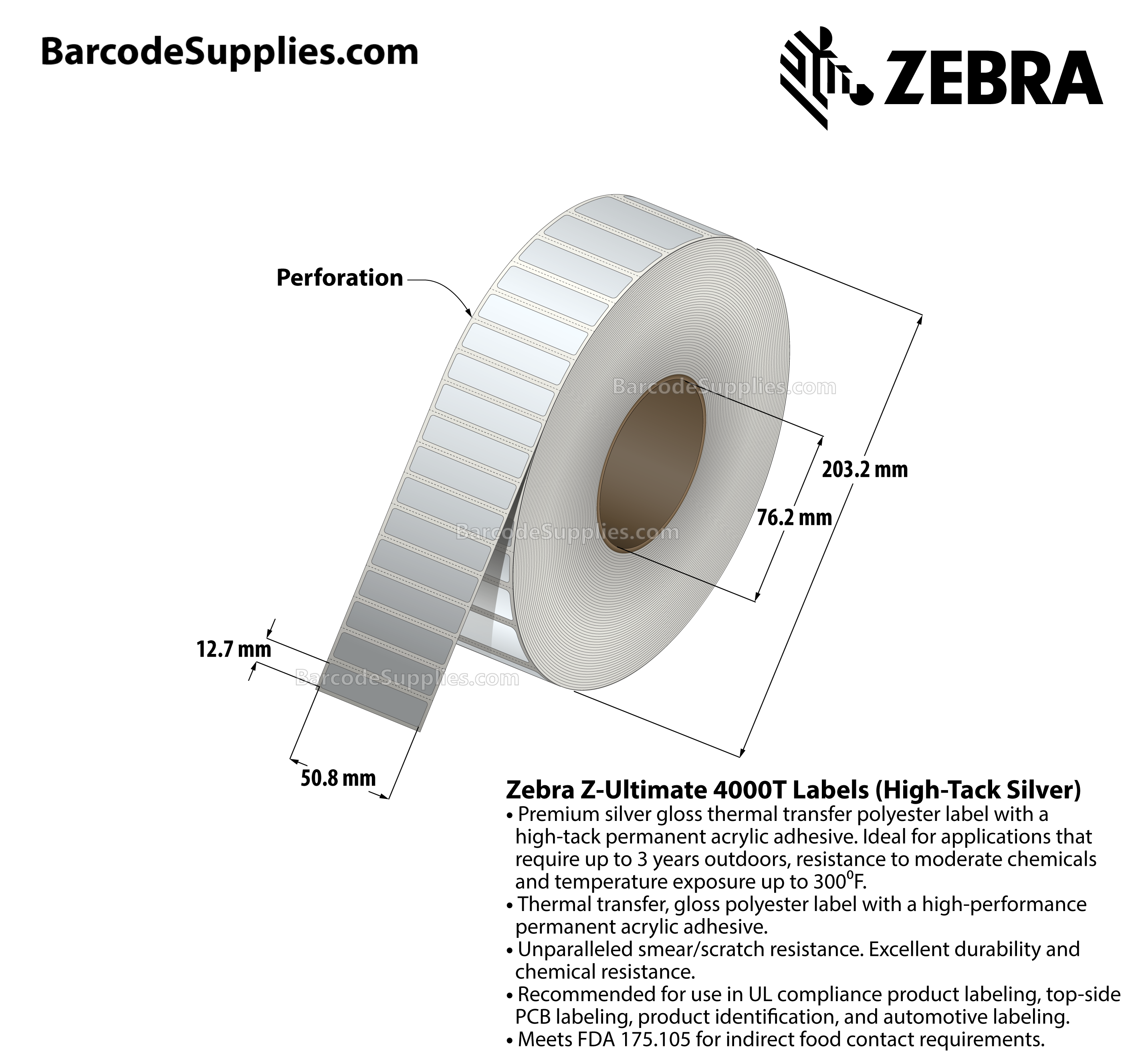 2 x 0.5 Thermal Transfer Silver Z-Ultimate 4000T High-Tack Silver Labels With High-tack Adhesive - Perforated - 3000 Labels Per Roll - Carton Of 1 Rolls - 3000 Labels Total - MPN: 10023351