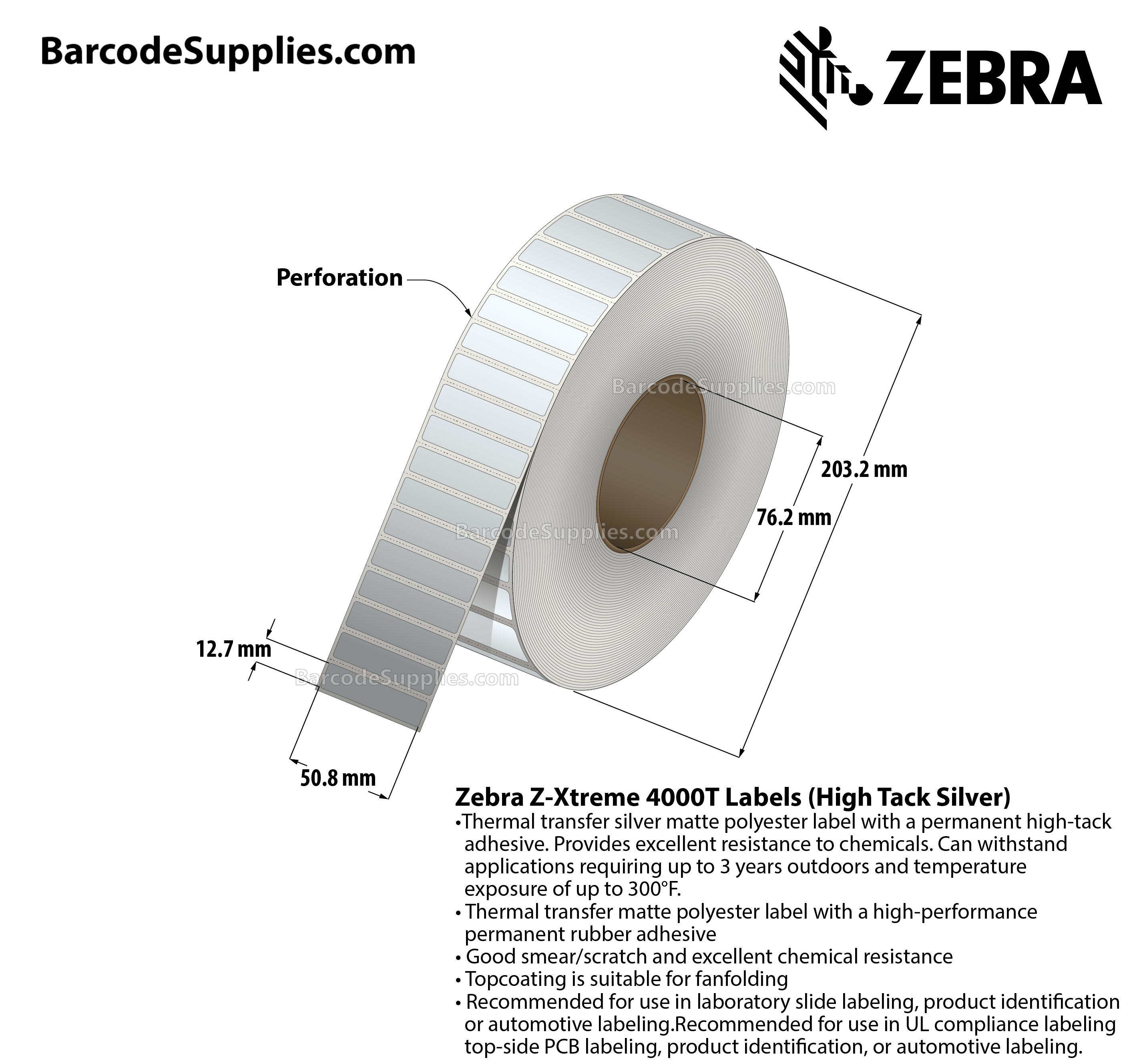 2 x 0.5 Thermal Transfer Silver Z-Xtreme 4000T High-Tack Silver Labels With High-tack Adhesive - Perforated - 3000 Labels Per Roll - Carton Of 1 Rolls - 3000 Labels Total - MPN: 10023173