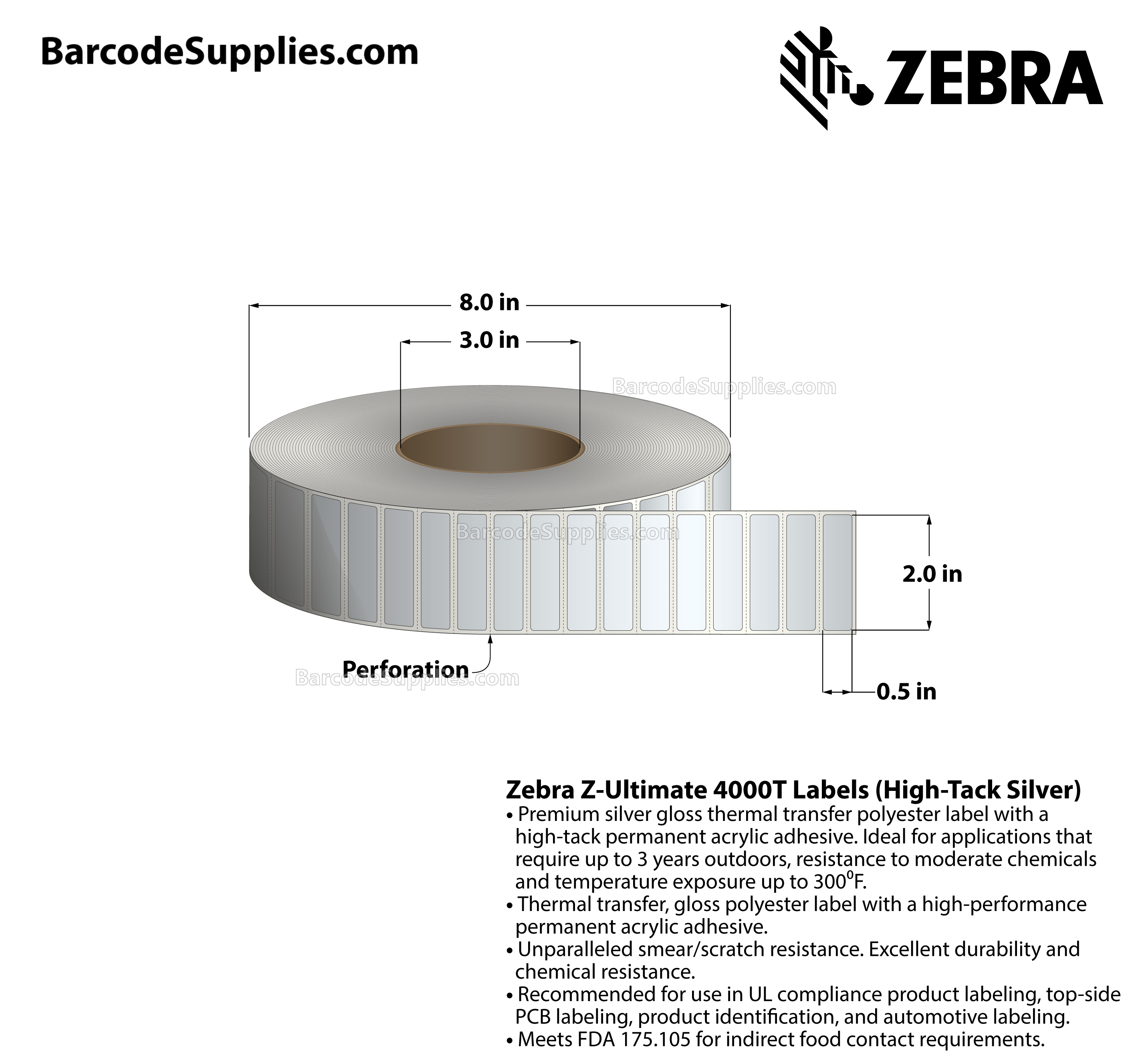 2 x 0.5 Thermal Transfer Silver Z-Ultimate 4000T High-Tack Silver Labels With High-tack Adhesive - Perforated - 3000 Labels Per Roll - Carton Of 1 Rolls - 3000 Labels Total - MPN: 10023351