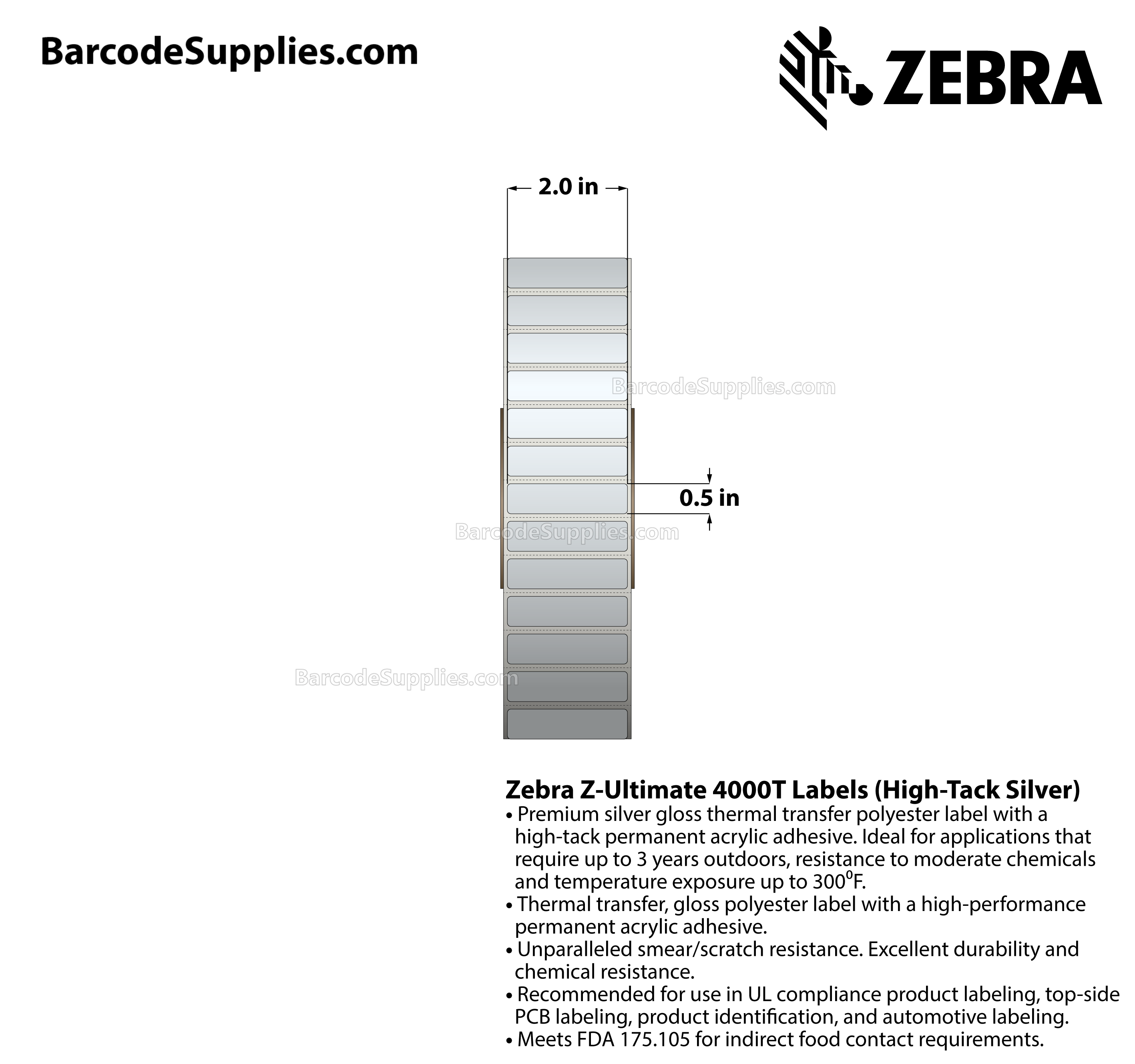 2 x 0.5 Thermal Transfer Silver Z-Ultimate 4000T High-Tack Silver Labels With High-tack Adhesive - Perforated - 3000 Labels Per Roll - Carton Of 1 Rolls - 3000 Labels Total - MPN: 10023351