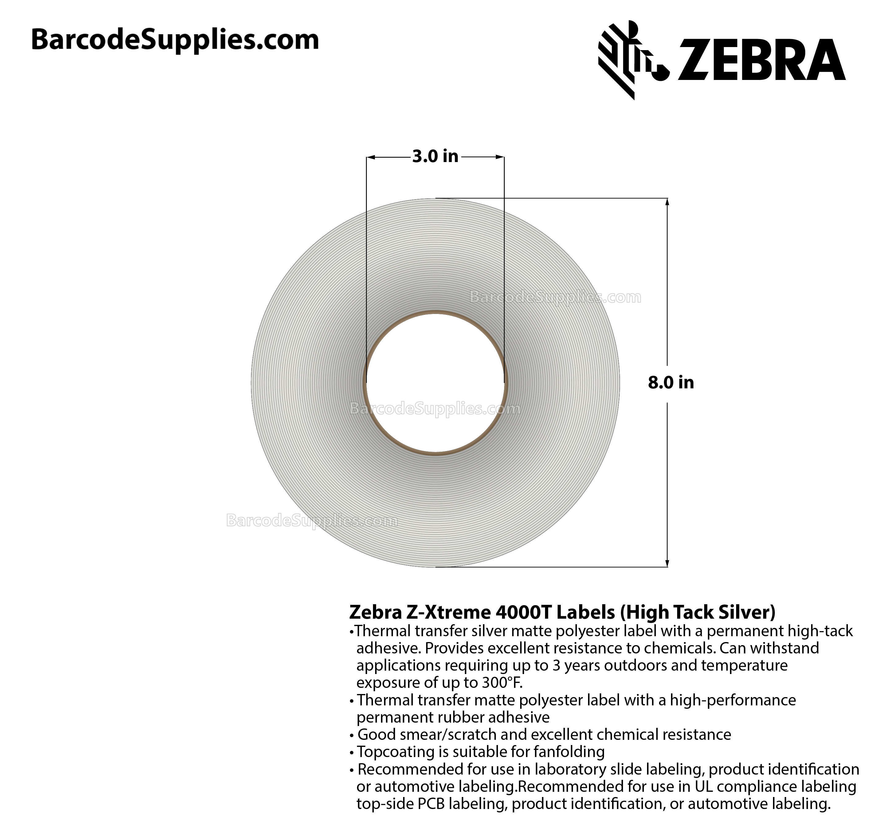 2 x 0.5 Thermal Transfer Silver Z-Xtreme 4000T High-Tack Silver Labels With High-tack Adhesive - Perforated - 3000 Labels Per Roll - Carton Of 1 Rolls - 3000 Labels Total - MPN: 10023173