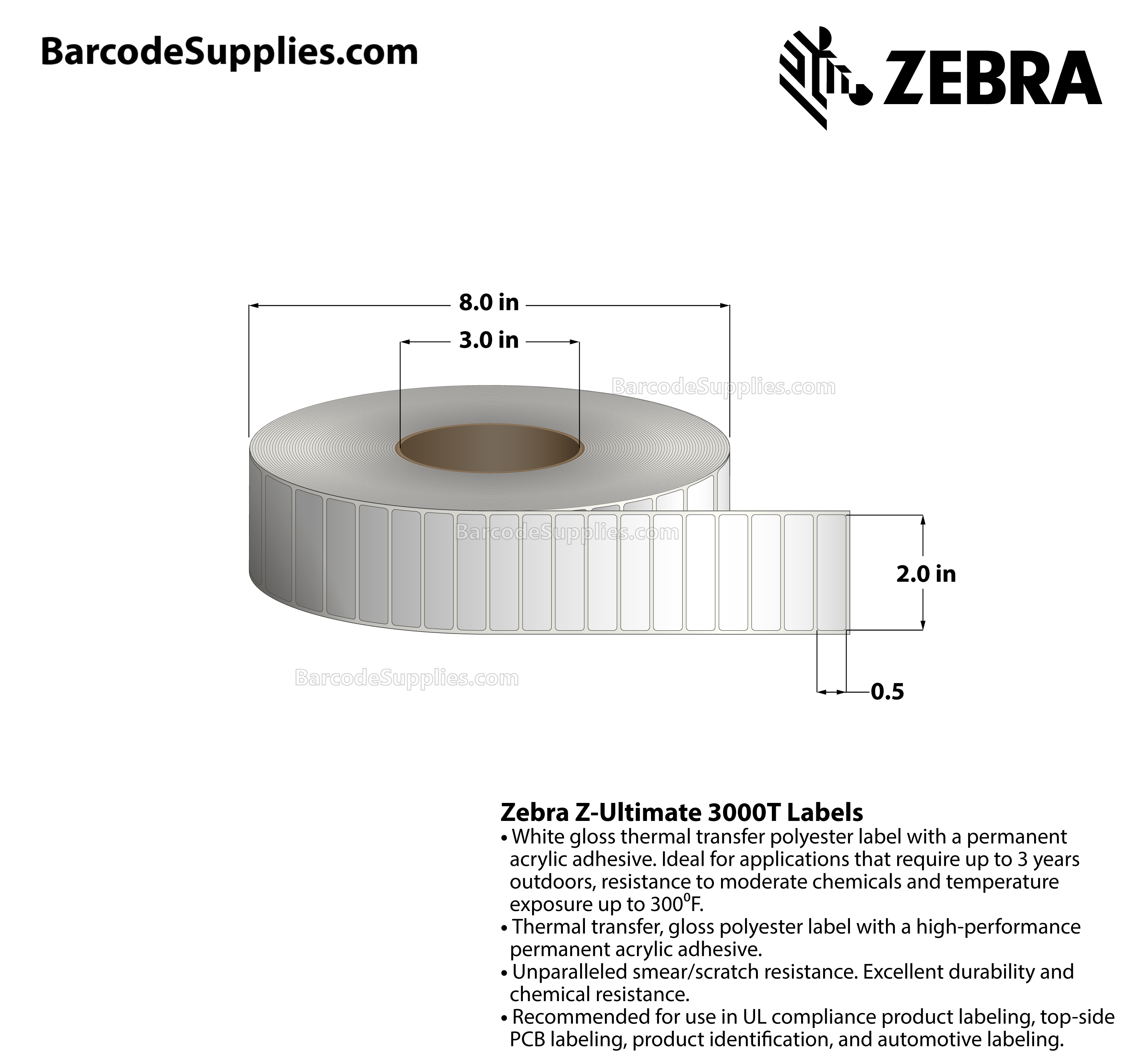 2 x 0.5 Thermal Transfer White Z-Ultimate 3000T Labels With Permanent Adhesive - Not Perforated - 10000 Labels Per Roll - Carton Of 4 Rolls - 40000 Labels Total - MPN: 10011696