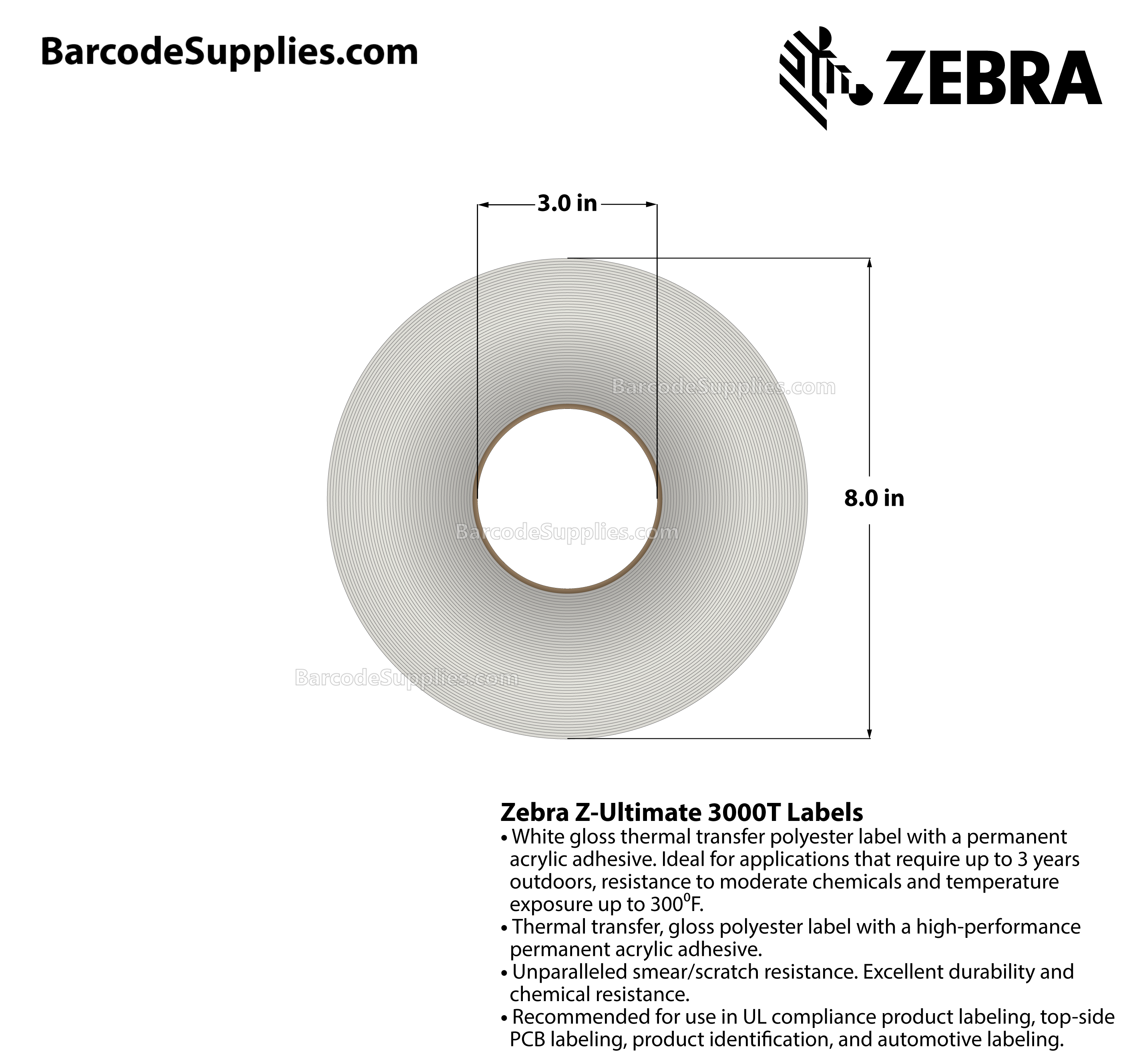 2 x 0.5 Thermal Transfer White Z-Ultimate 3000T Labels With Permanent Adhesive - Not Perforated - 10000 Labels Per Roll - Carton Of 4 Rolls - 40000 Labels Total - MPN: 10011696