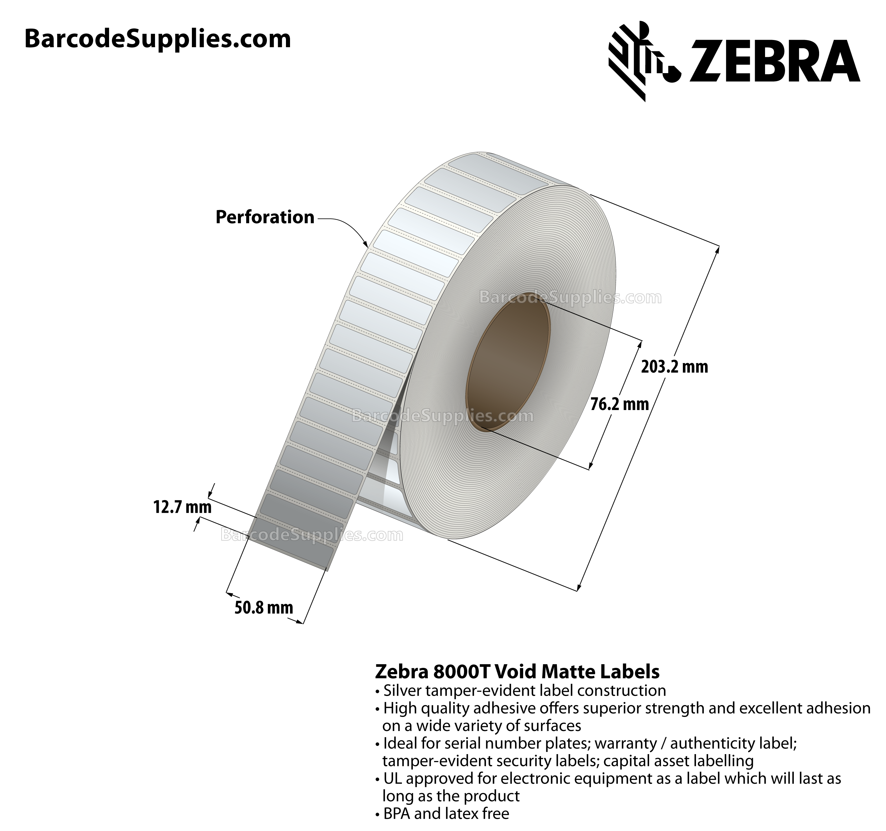 2 x 0.5 Thermal Transfer Silver 8000T Void Matte Silver Labels With Tamper-evident Adhesive - Perforated - 3000 Labels Per Roll - Carton Of 1 Rolls - 3000 Labels Total - MPN: 10022920