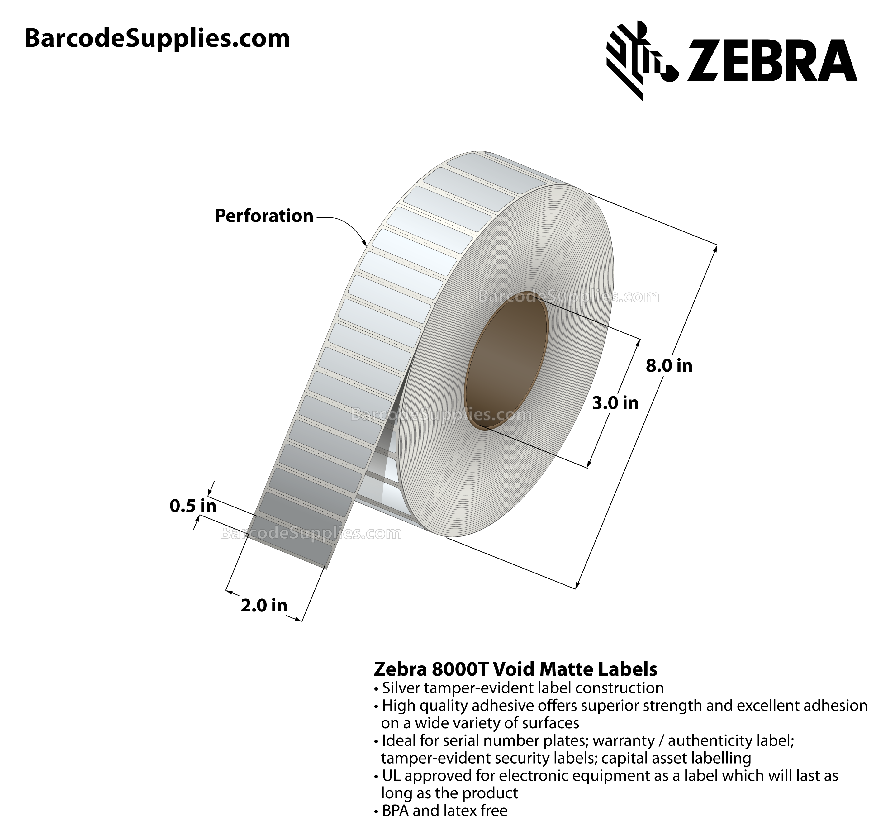 2 x 0.5 Thermal Transfer Silver 8000T Void Matte Silver Labels With Tamper-evident Adhesive - Perforated - 3000 Labels Per Roll - Carton Of 1 Rolls - 3000 Labels Total - MPN: 10022920