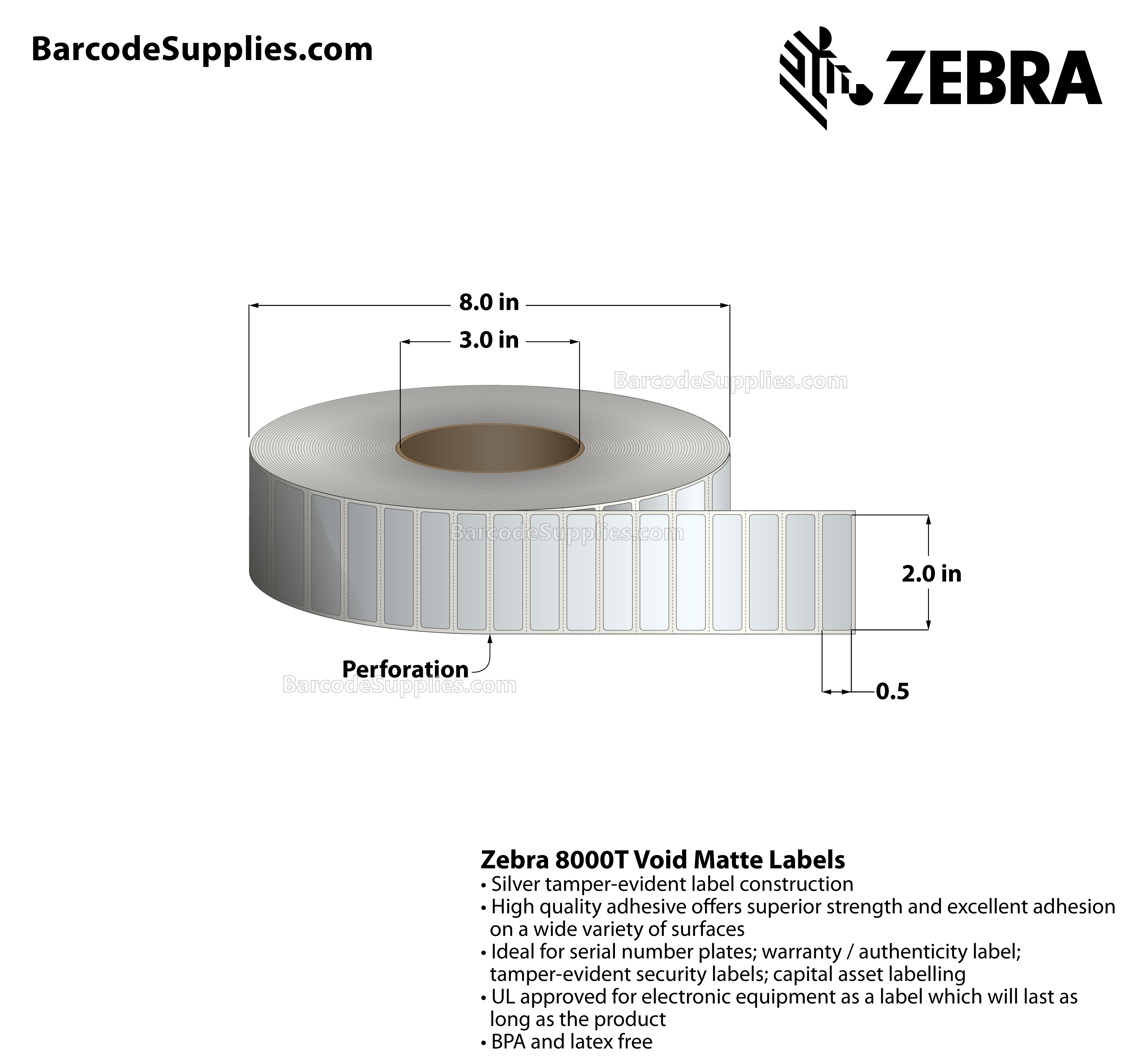 2 x 0.5 Thermal Transfer Silver 8000T Void Matte Silver Labels With Tamper-evident Adhesive - Perforated - 3000 Labels Per Roll - Carton Of 1 Rolls - 3000 Labels Total - MPN: 10022920