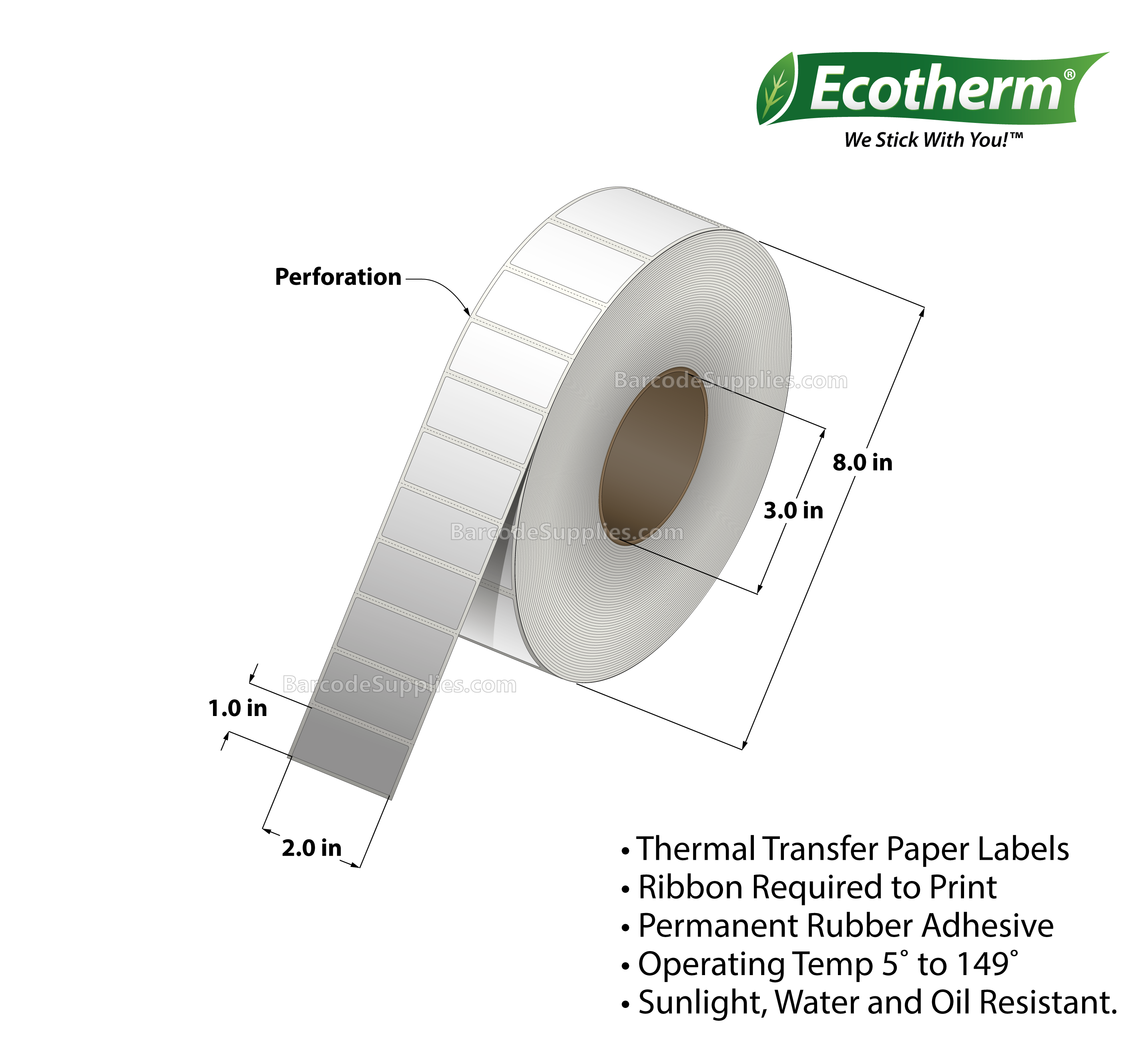 2 x 1 Thermal Transfer White Labels With Rubber Adhesive - Perforated - 5500 Labels Per Roll - Carton Of 4 Rolls - 22000 Labels Total - MPN: ECOTHERM28161-4