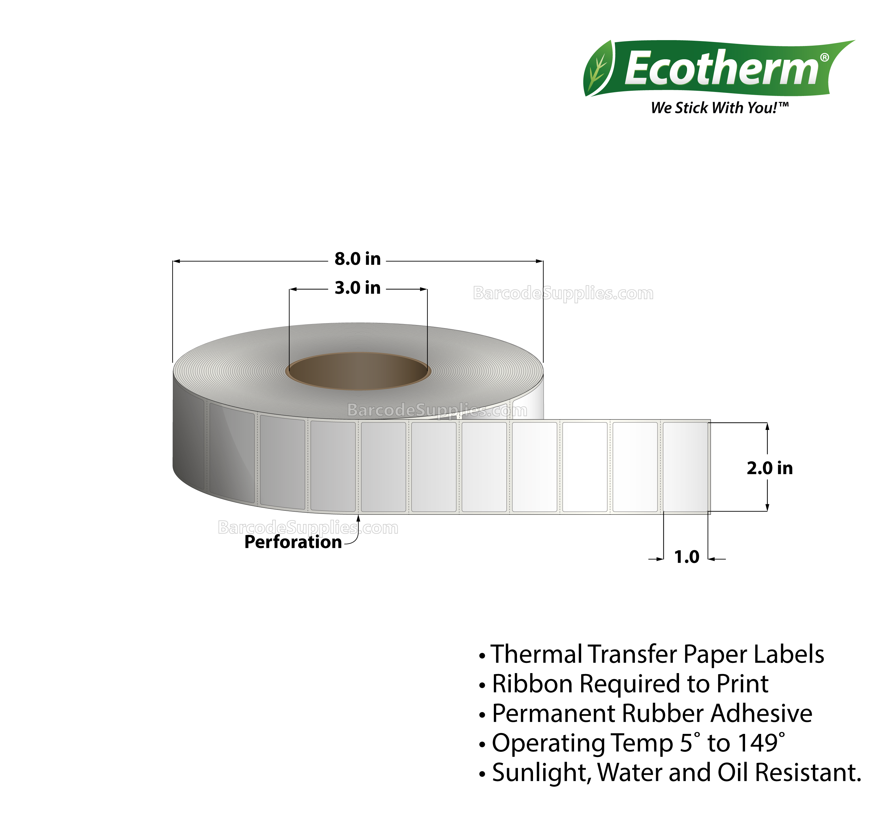 2 x 1 Thermal Transfer White Labels With Rubber Adhesive - Perforated - 5500 Labels Per Roll - Carton Of 4 Rolls - 22000 Labels Total - MPN: ECOTHERM28161-4