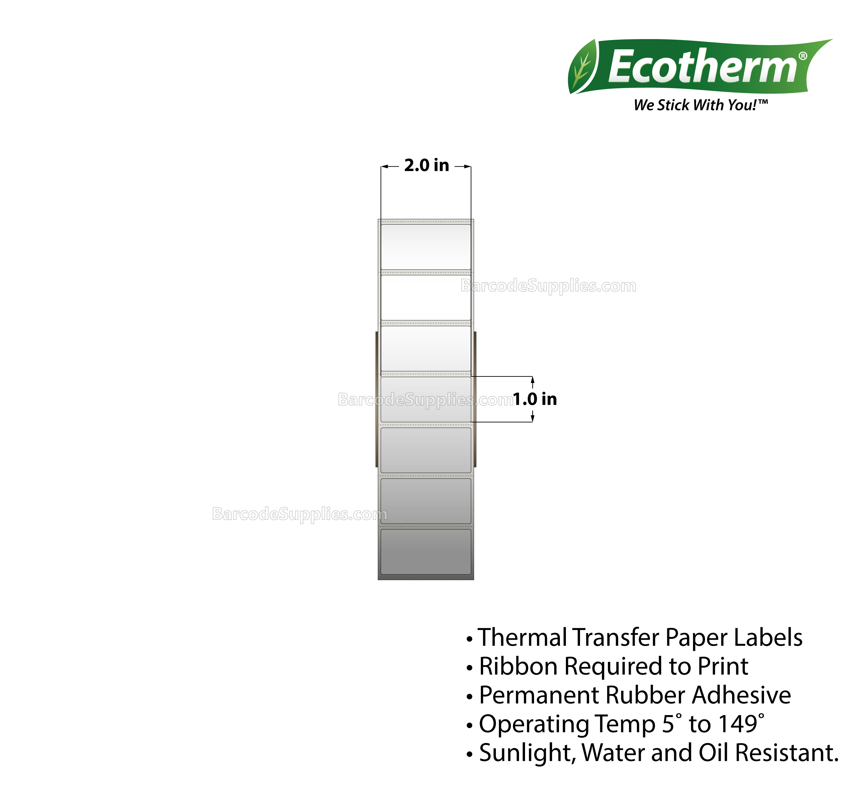 2 x 1 Thermal Transfer White Labels With Rubber Adhesive - Perforated - 11000 Labels Per Roll - Carton Of 4 Rolls - 44000 Labels Total - MPN: ECOTHERM28110-4