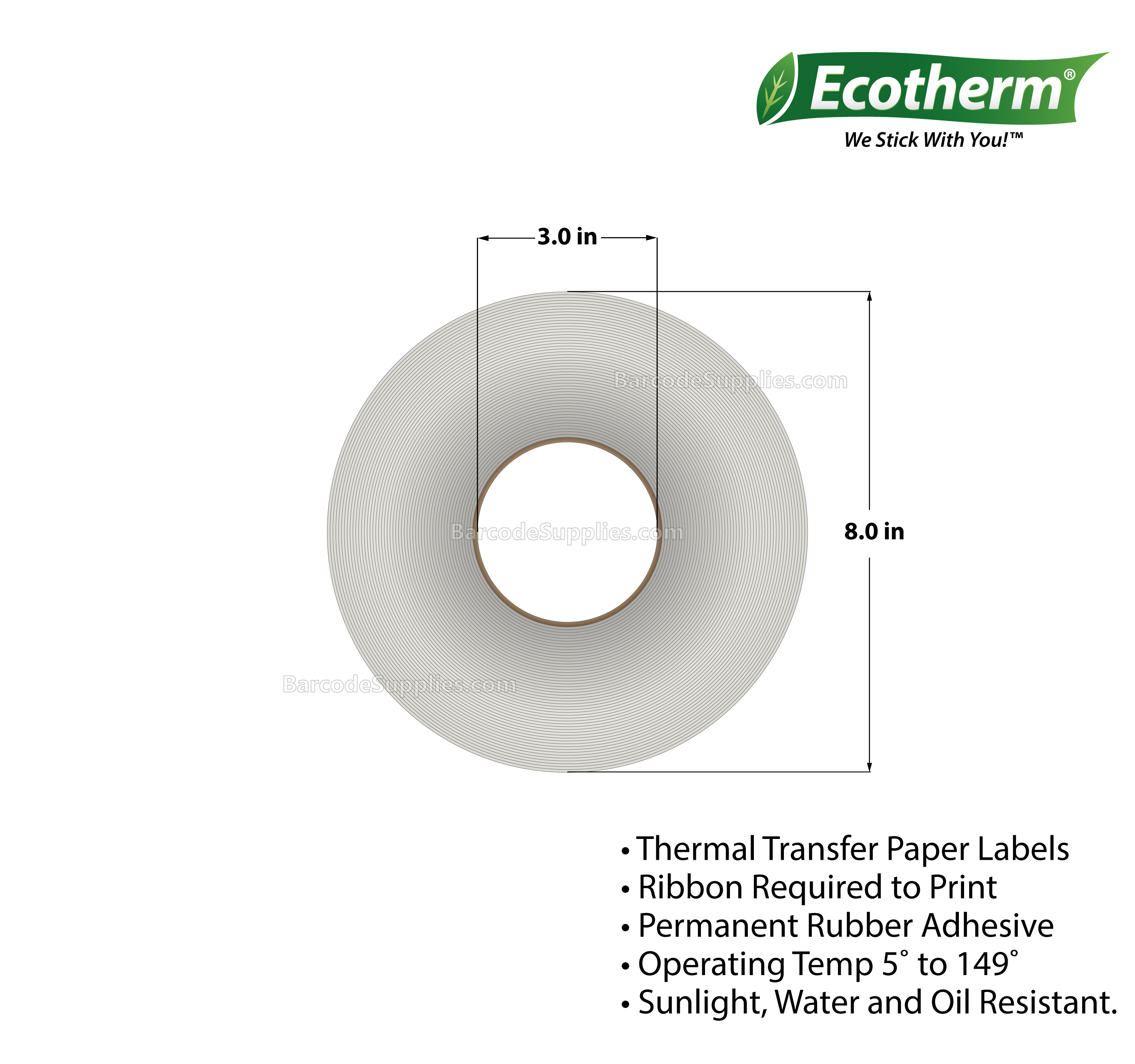 2 x 1 Thermal Transfer White Labels With Rubber Adhesive - Perforated - 11000 Labels Per Roll - Carton Of 4 Rolls - 44000 Labels Total - MPN: ECOTHERM28110-4