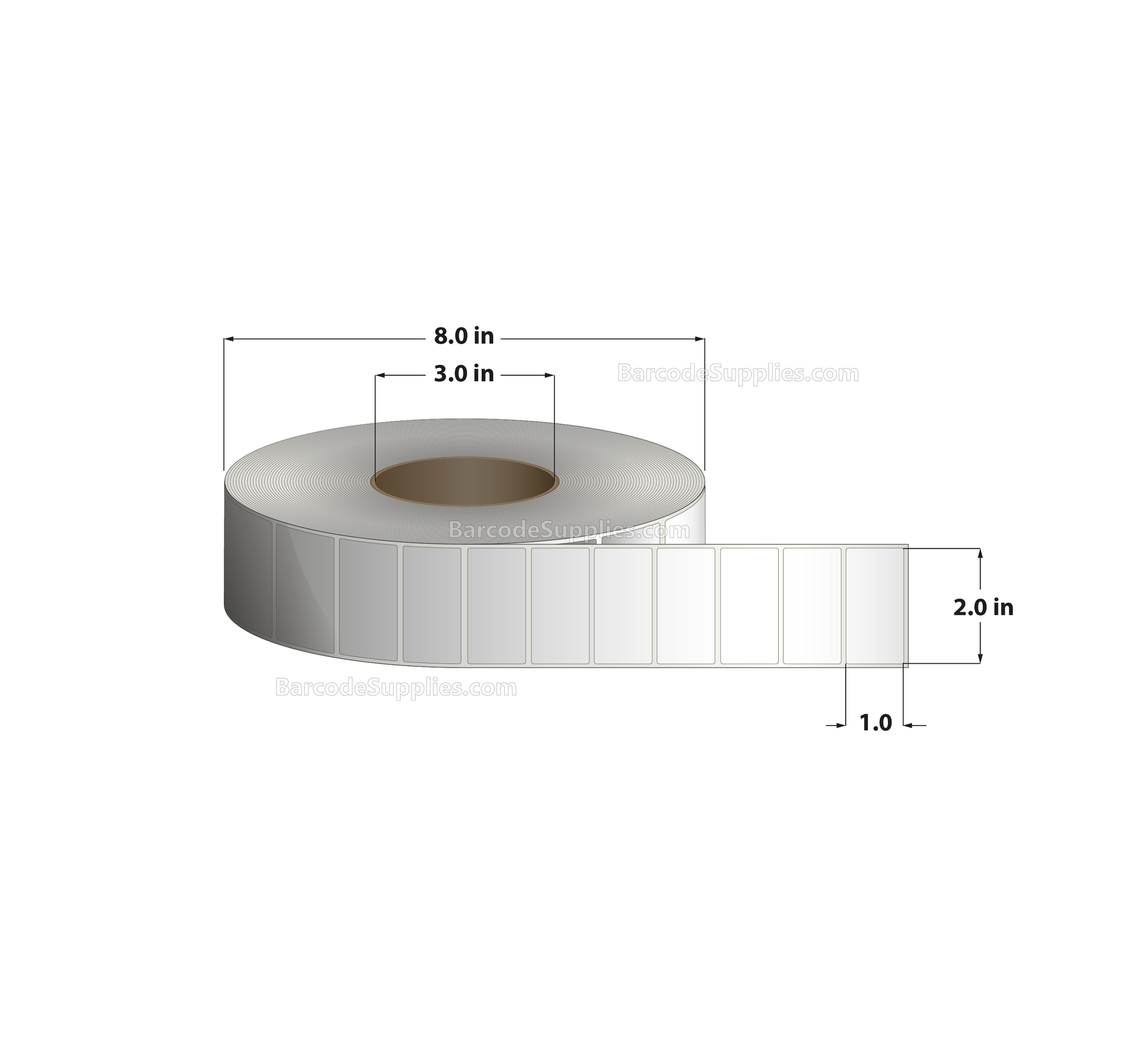2 x 1 Direct Thermal White Labels With Acrylic Adhesive - No Perforation - 5500 Labels Per Roll - Carton Of 8 Rolls - 44000 Labels Total - MPN: RD-2-1-5500-NP - BarcodeSource, Inc.