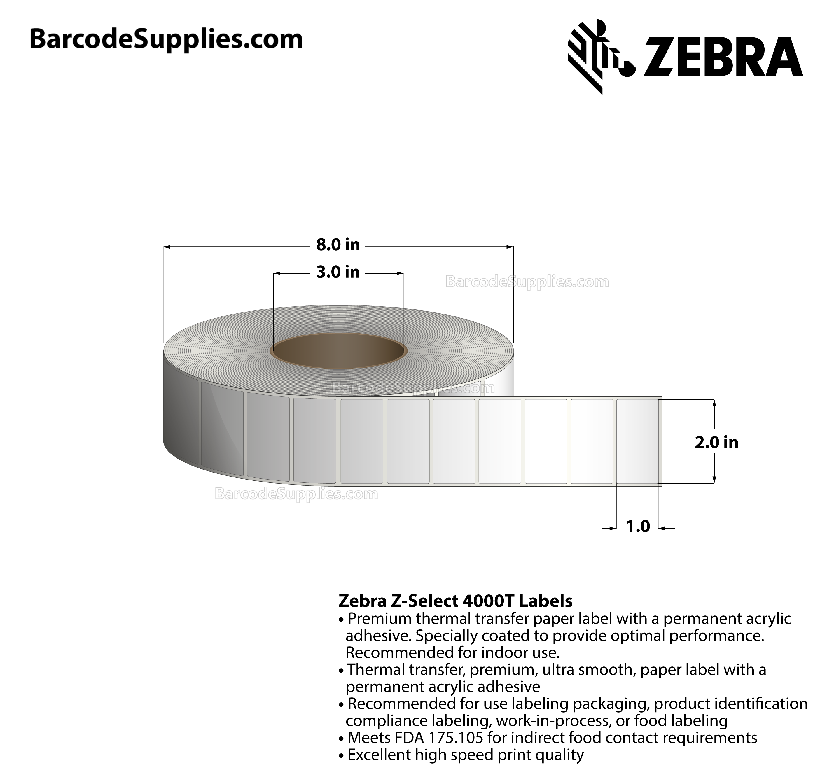 2 x 1 Thermal Transfer White Z-Select 4000T Labels With Permanent Adhesive - Not Perforated - 5180 Labels Per Roll - Carton Of 10 Rolls - 51800 Labels Total - MPN: 72281