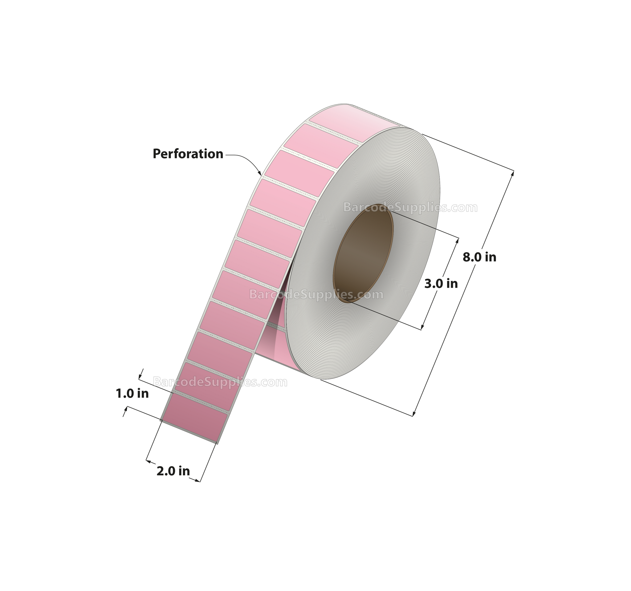 2 x 1 Thermal Transfer 176 Pink Labels With Permanent Adhesive - Perforated - 5500 Labels Per Roll - Carton Of 8 Rolls - 44000 Labels Total - MPN: RFC-2-1-5500-PK