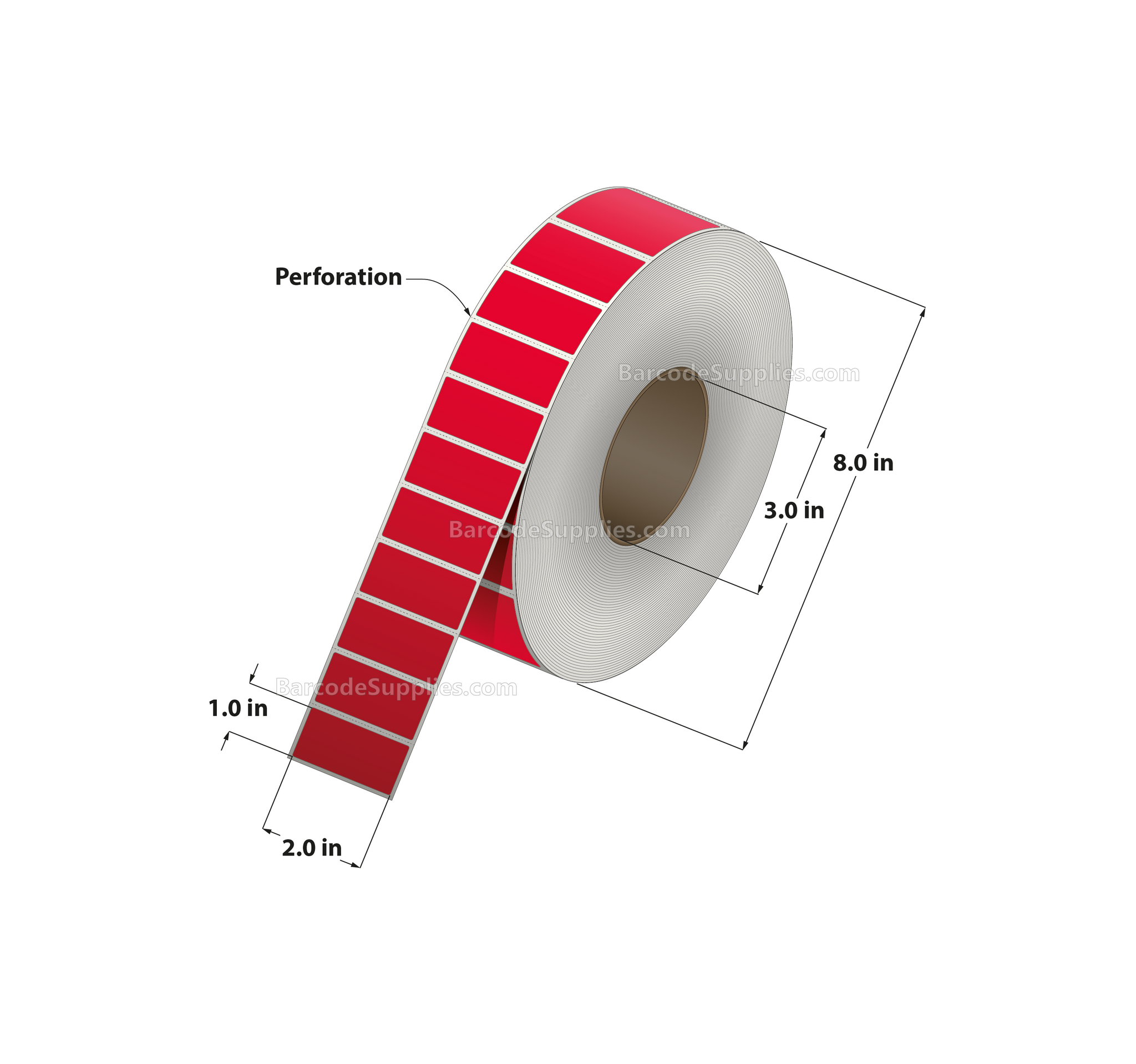 2 x 1 Thermal Transfer 032 Red Labels With Permanent Adhesive - Perforated - 5500 Labels Per Roll - Carton Of 8 Rolls - 44000 Labels Total - MPN: RFC-2-1-5500-RD