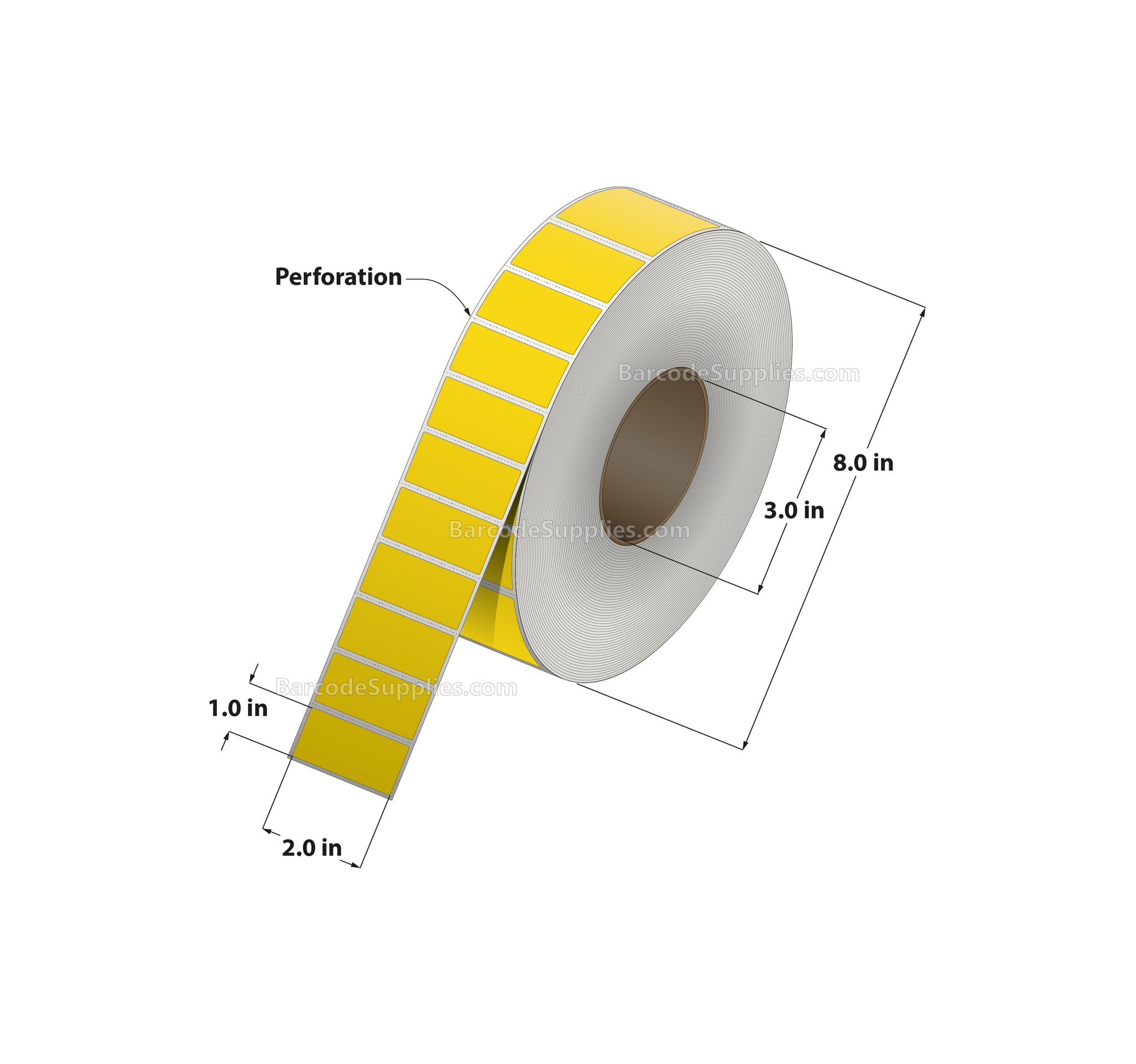 2 x 1 Thermal Transfer Pantone Yellow Labels With Permanent Adhesive - Perforated - 5500 Labels Per Roll - Carton Of 8 Rolls - 44000 Labels Total - MPN: RFC-2-1-5500-YL