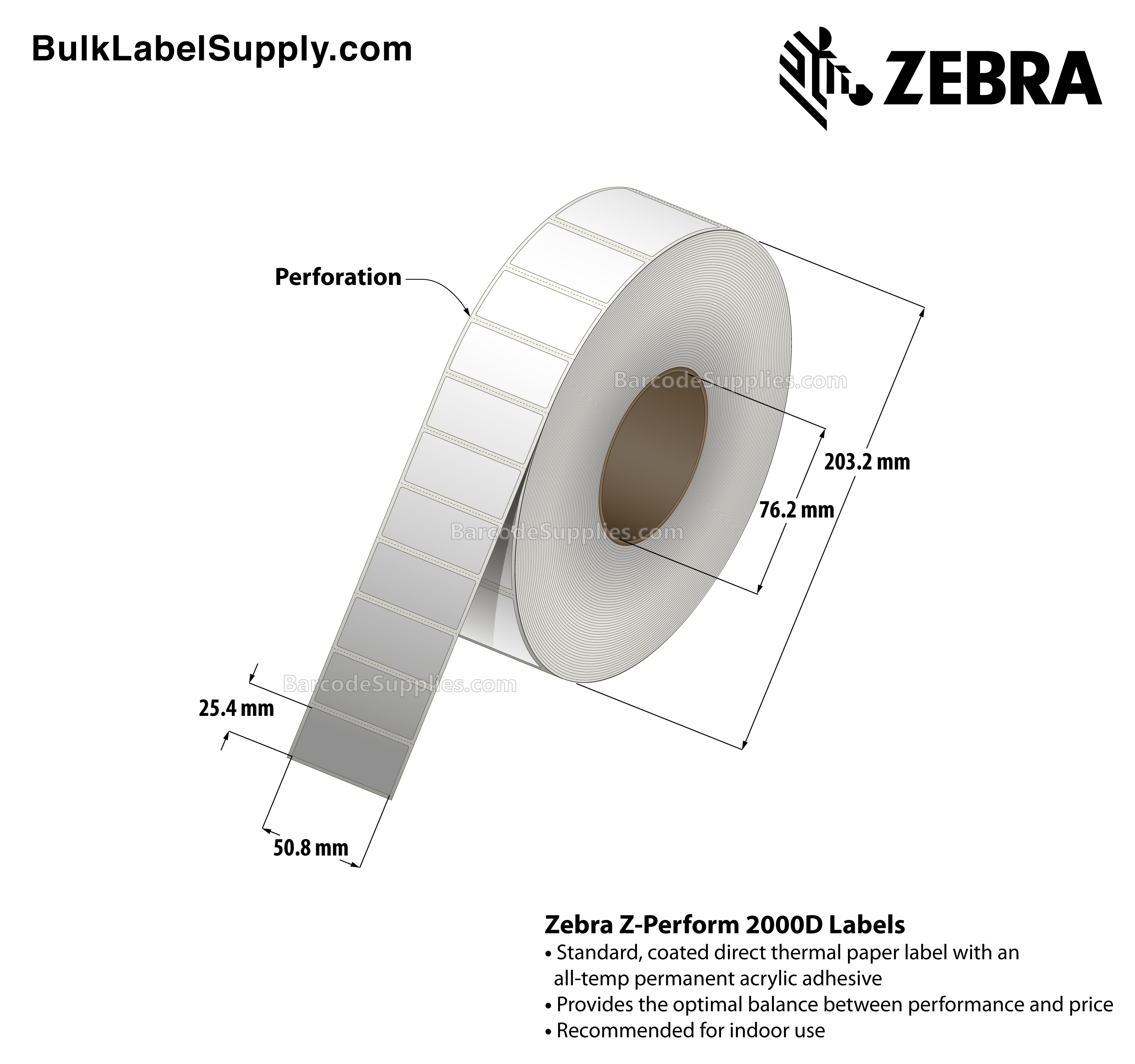 2 x 1 Direct Thermal White Z-Perform 2000D Labels With All-Temp Adhesive - Perforated - 5500 Labels Per Roll - Carton Of 8 Rolls - 44000 Labels Total - MPN: 10000298