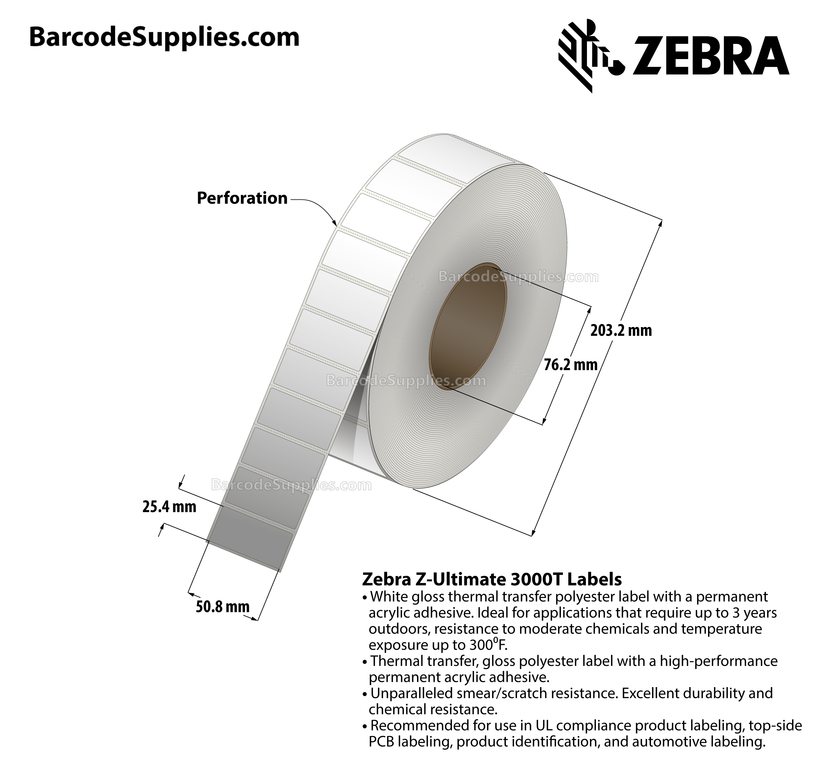 Products 2 x 1 Thermal Transfer White Z-Ultimate 3000T Labels With Permanent Adhesive - Perforated - 5570 Labels Per Roll - Carton Of 4 Rolls - 22280 Labels Total - MPN: 10011697