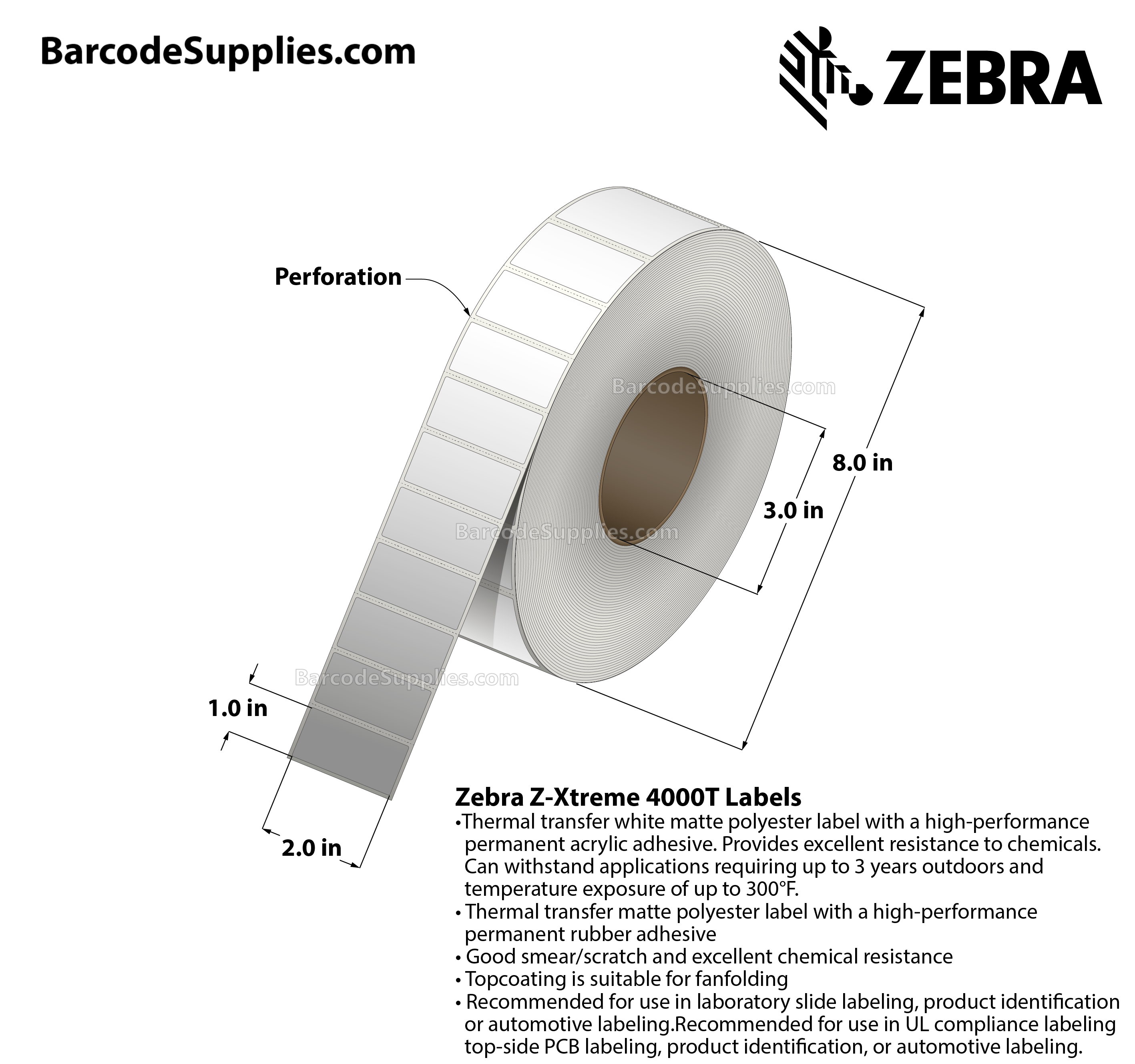 2 x 1 Thermal Transfer White Z-Xtreme 4000T White Labels With Permanent Adhesive - Perforated - 3000 Labels Per Roll - Carton Of 1 Rolls - 3000 Labels Total - MPN: 10023244