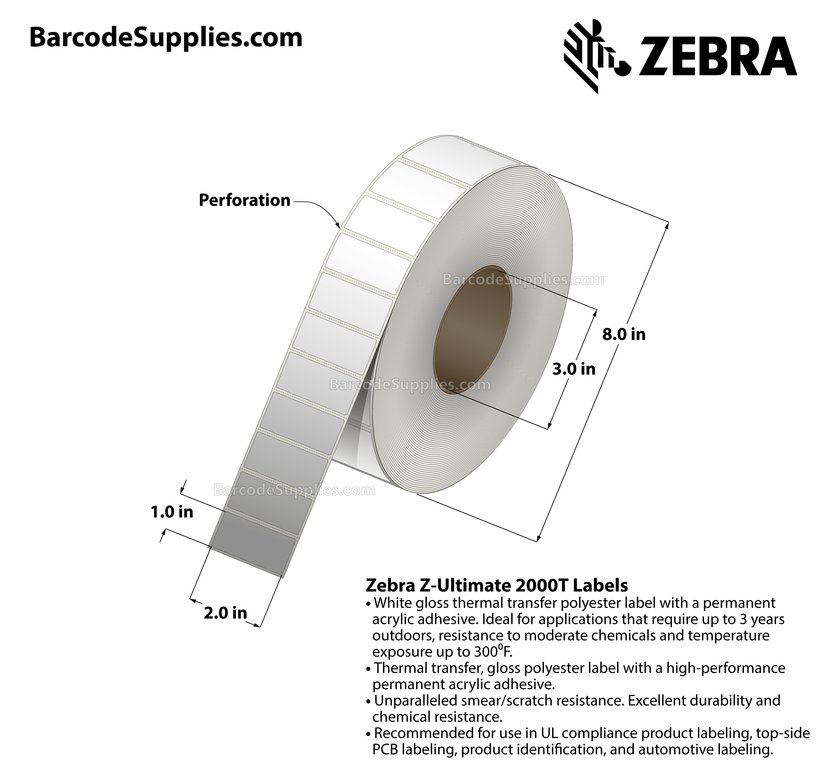 2 x 1 Thermal Transfer White Z-Ultimate 2000T Labels With Permanent Adhesive - Perforated - 5570 Labels Per Roll - Carton Of 4 Rolls - 22280 Labels Total - MPN: 10008512