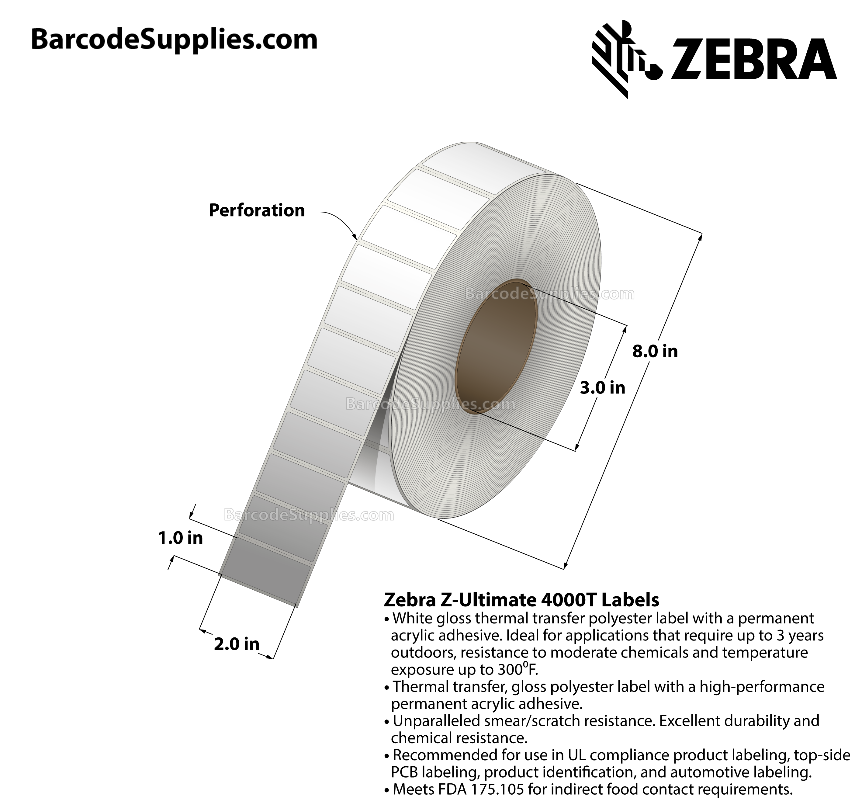 2 x 1 Thermal Transfer White Z-Ultimate 4000T Labels With Permanent Adhesive - Perforated - 5570 Labels Per Roll - Carton Of 4 Rolls - 22280 Labels Total - MPN: 10011708